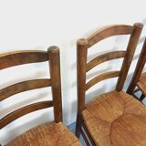 Set of 4 vintage brutalist chairs in wood and straw from the 60s