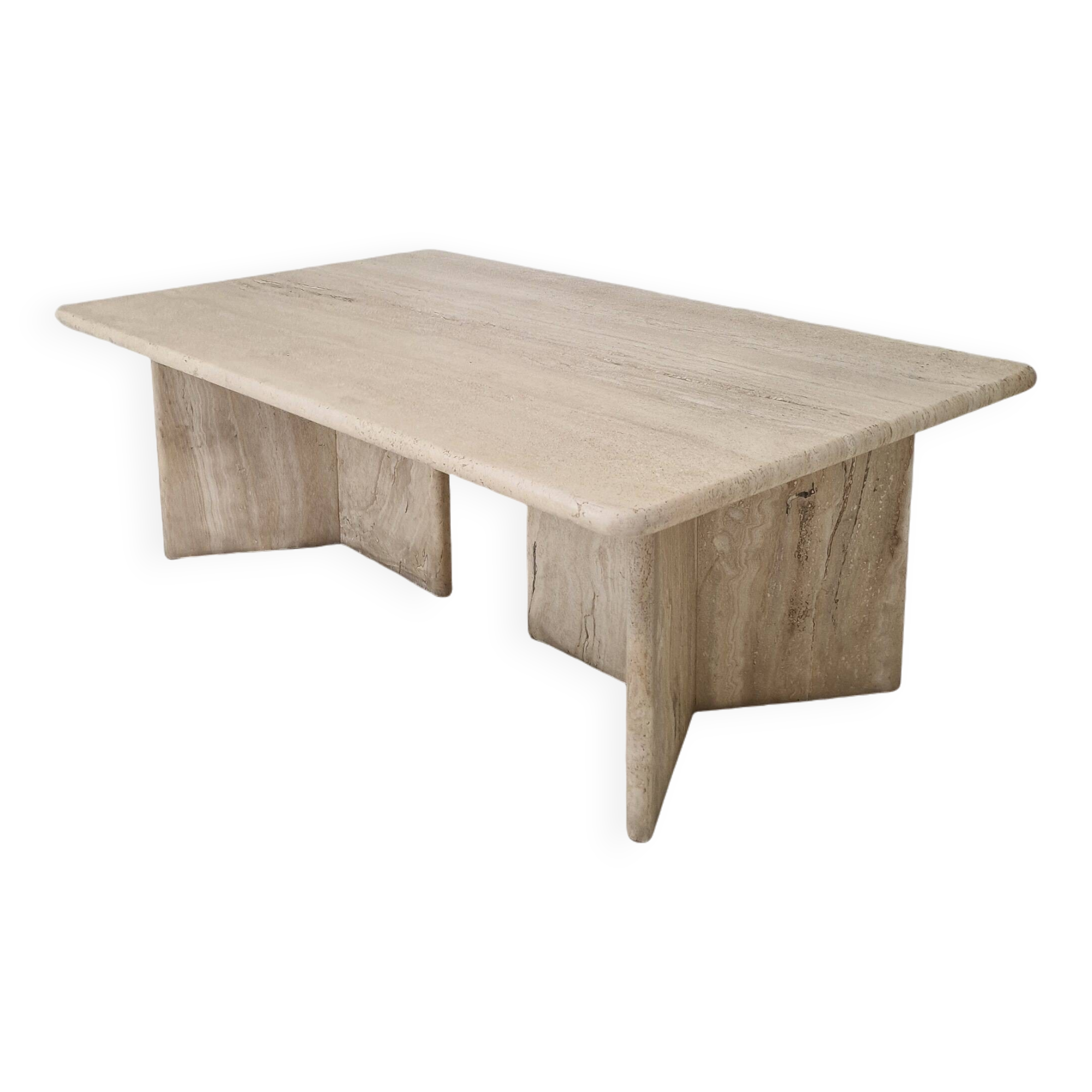 Robust Italian Travertine Coffee Table With two 3-leg Feet, 1980s