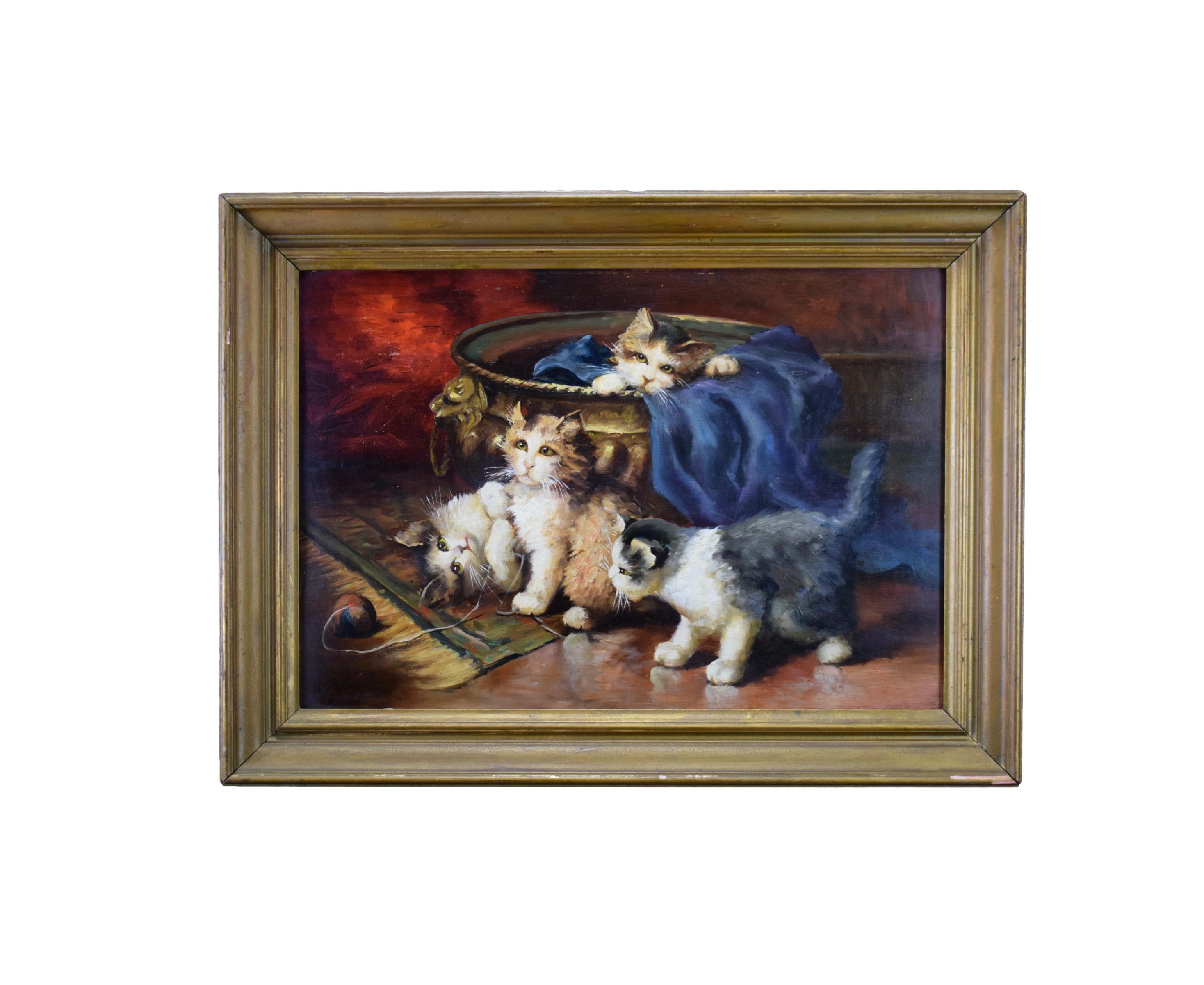 Oil painting on panels kitten playing by Leon Huber