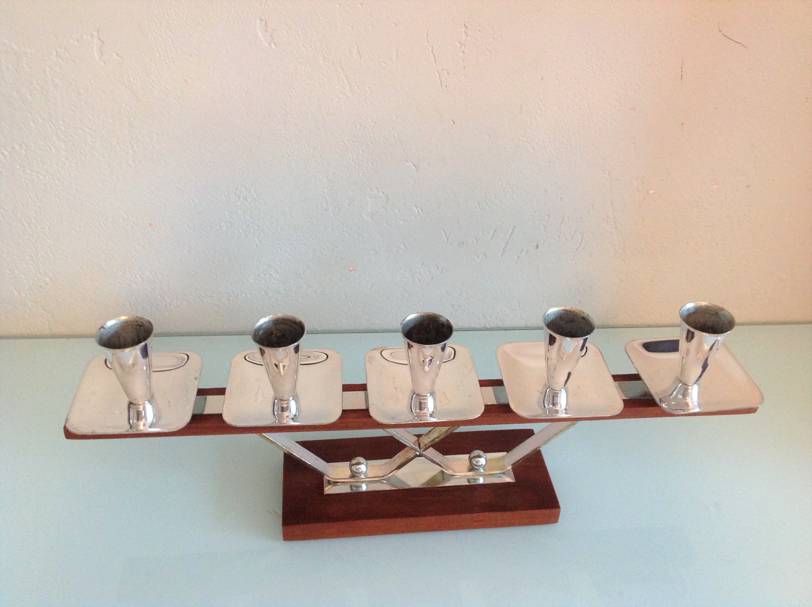 Five-head chandelier in teak and chrome metal Scandinavian style / vintage 60s-70s
