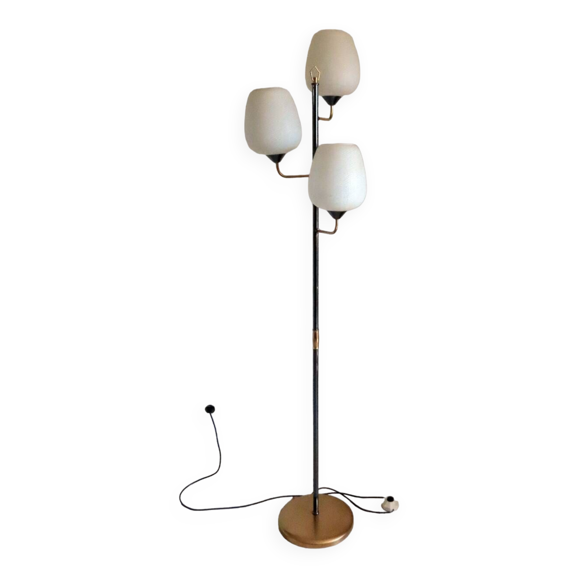 Vintage metal floor lamp with 3 lights and matt white opals