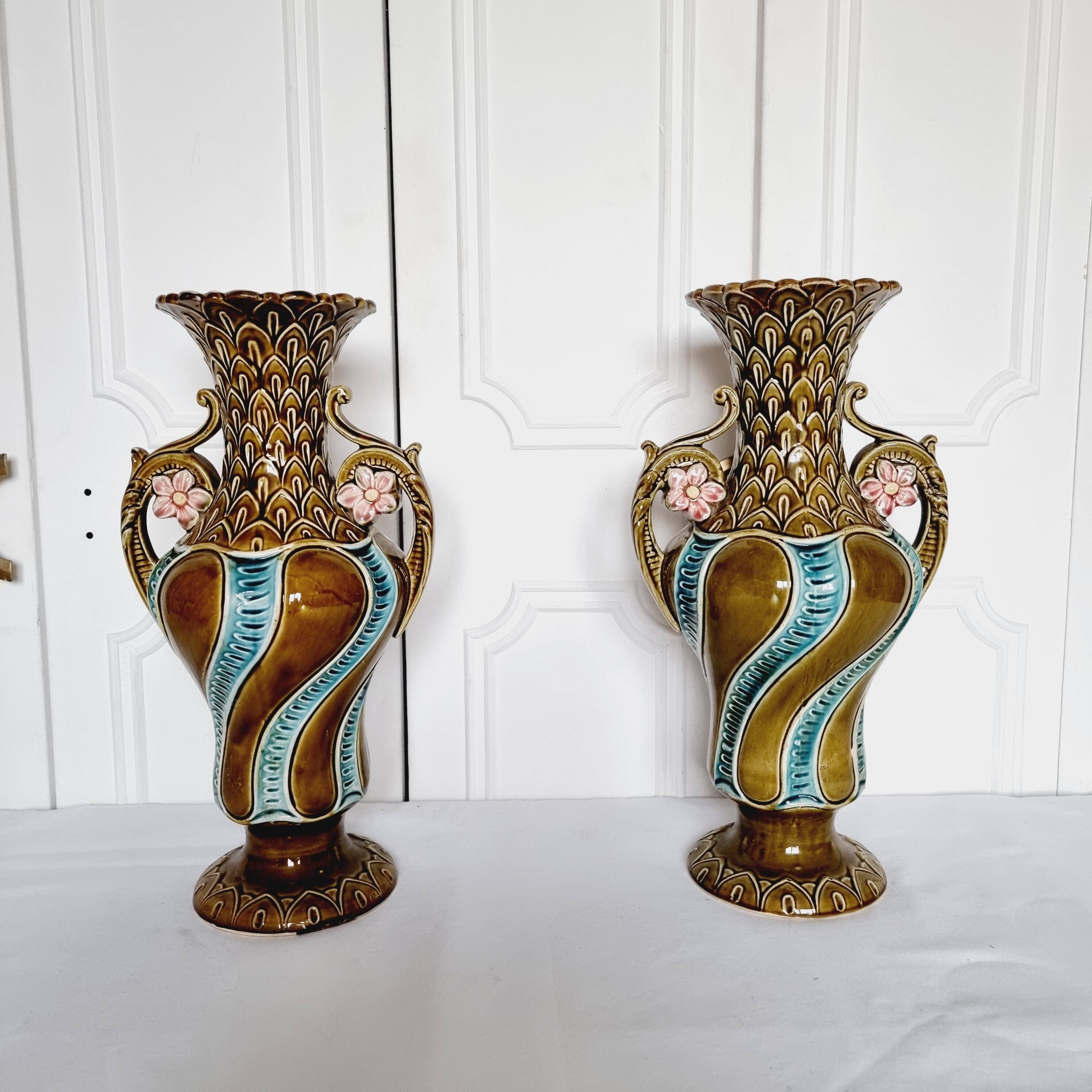 2 Vases from the 1900s-1920s in French Ceramic Onnaing Barbotine Art Nouveau