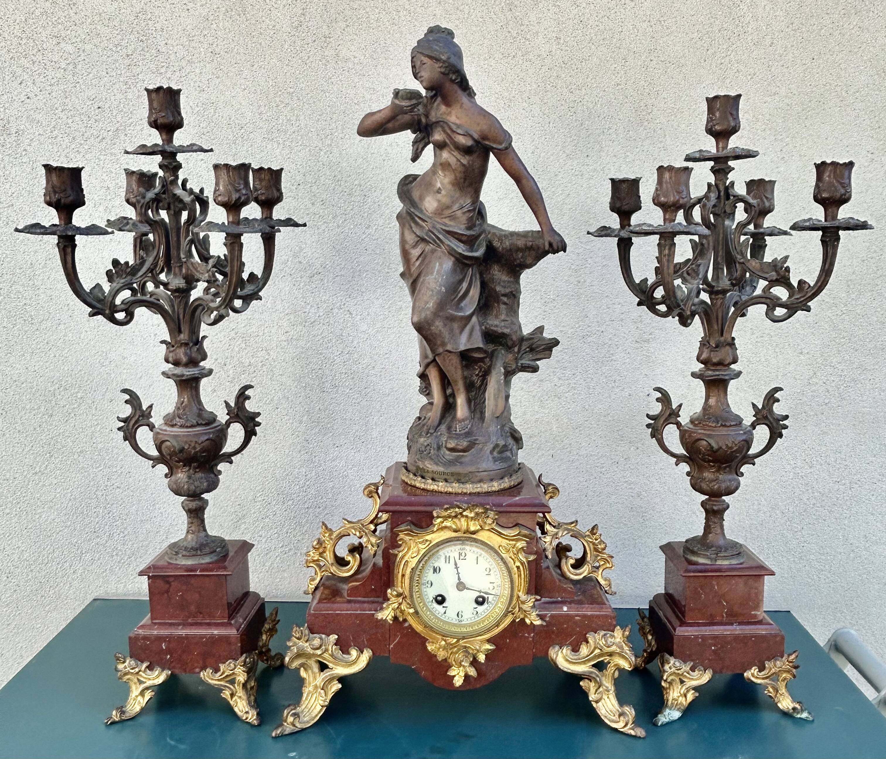Garniture de cheminée Napoléon III marbre & régule signé Auguste. Moreau
