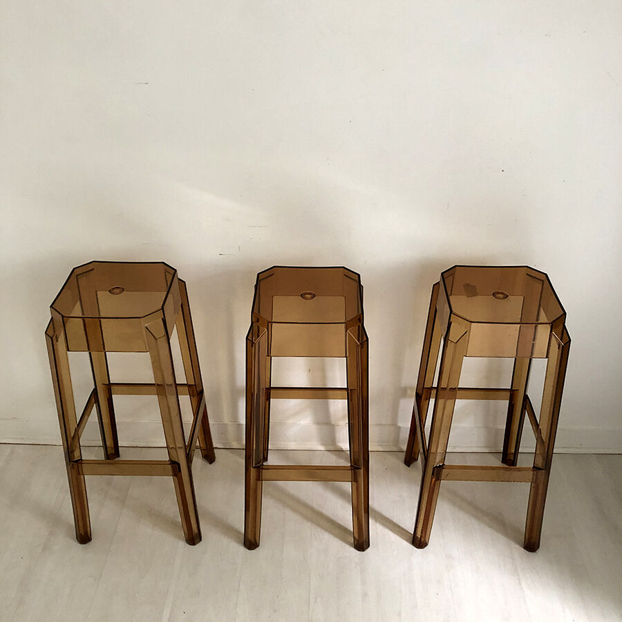 Ensemble de 3 tabourets de bar vintage 1970 en plexiglas ocre
