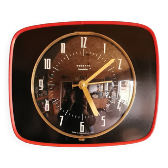 Vintage formica clock silent wall pendulum "Vedette transistor black red"