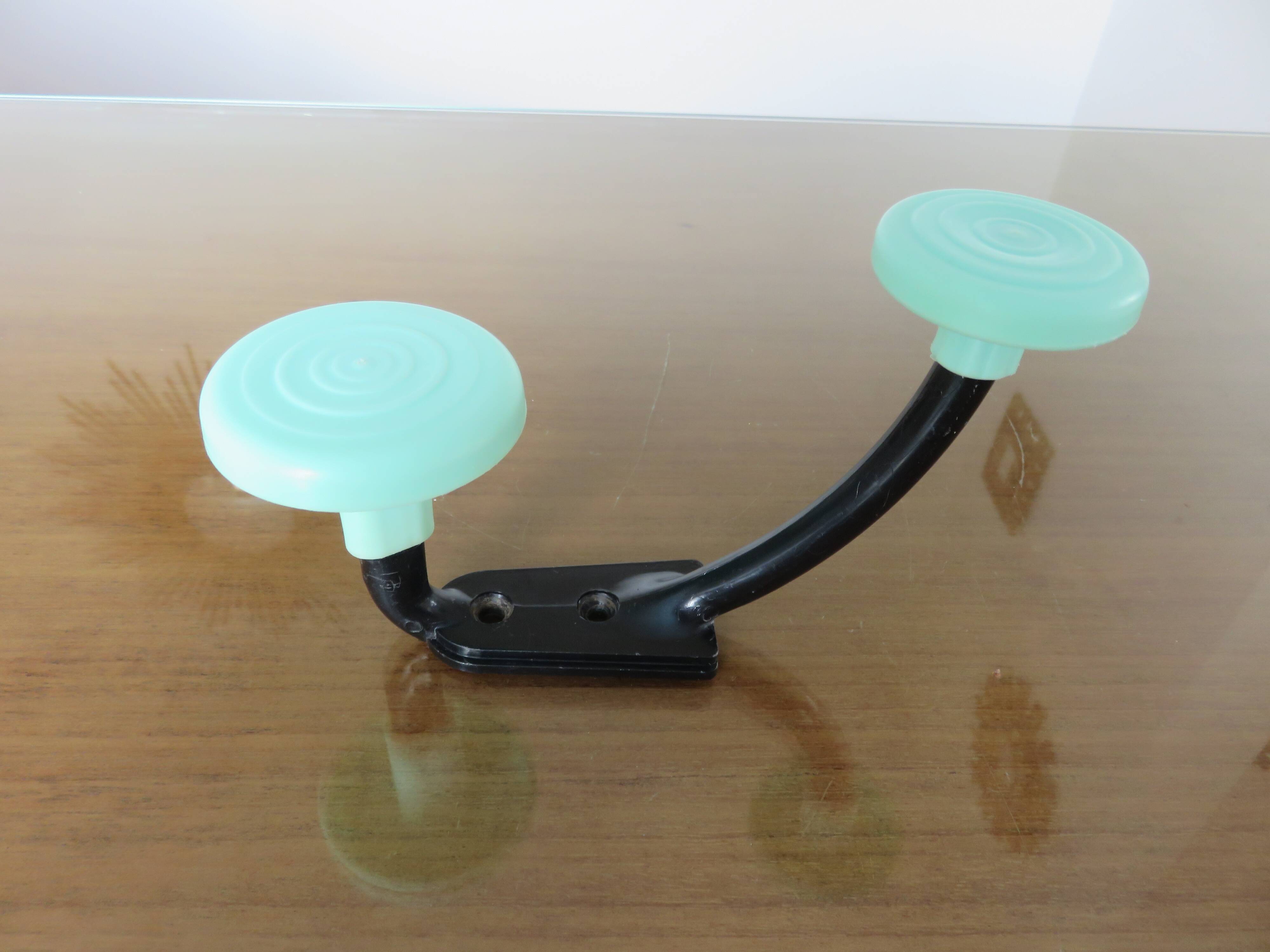 Wall coat rack, typical 1970 coat hook, practical green and black