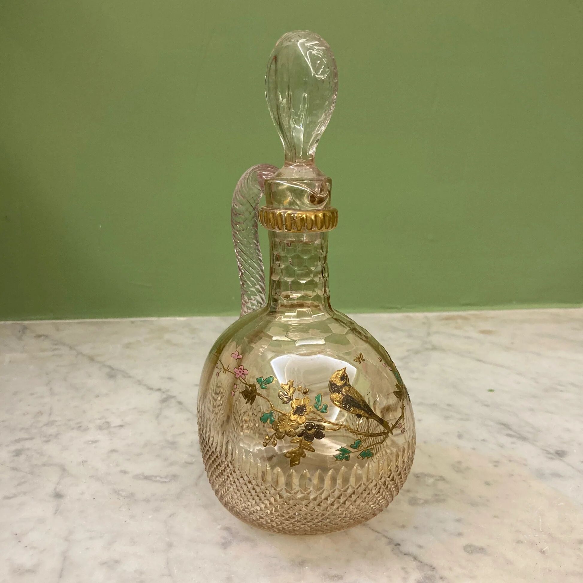 19th-century antique liqueur decanter (DLG Baccarat) cut crystal with bird decoration.