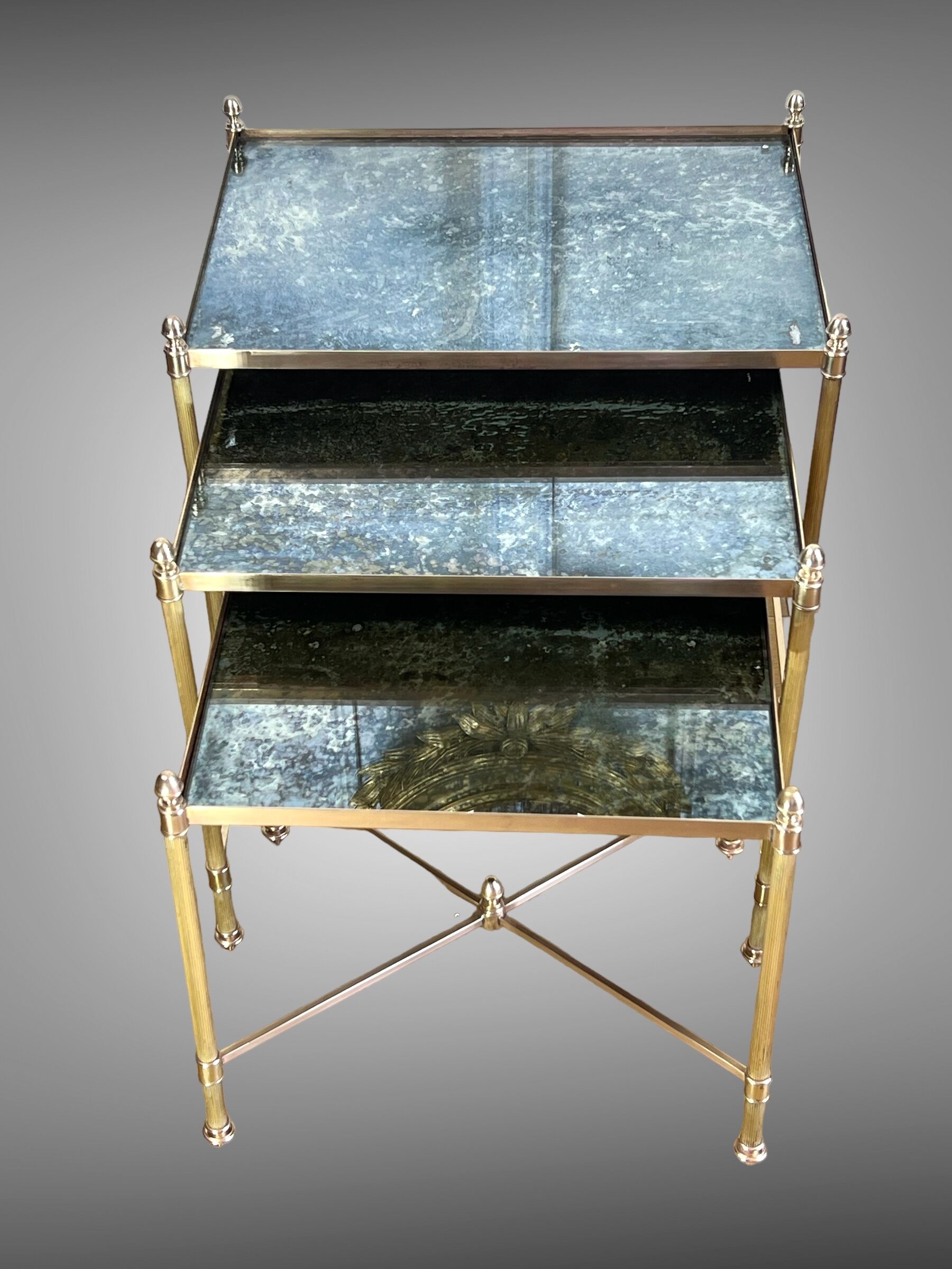Nest of table from “maison bagués 1970” in gilt bronze and glass tops