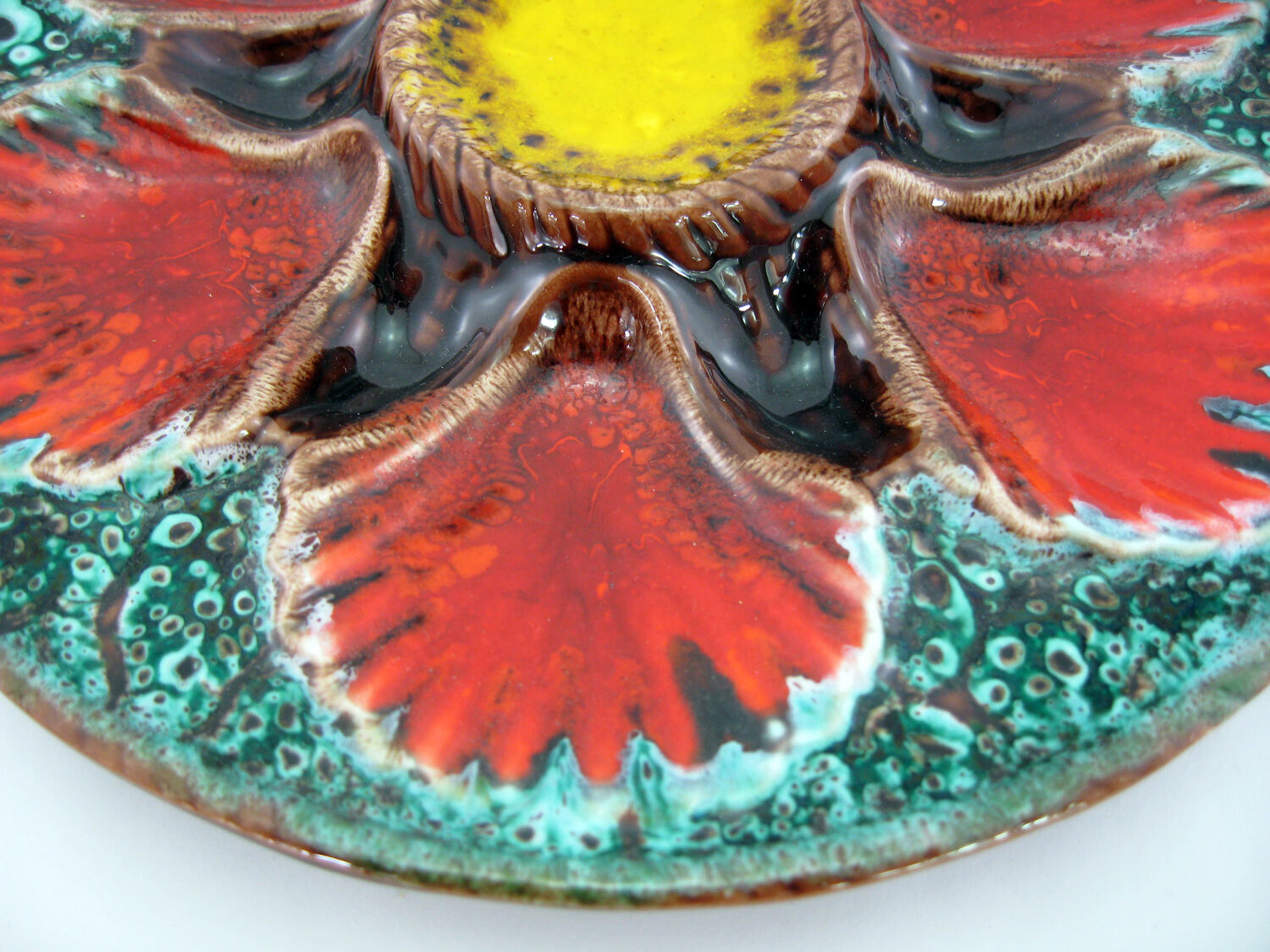 2 red/orange, yellow and green glazed ceramic oyster plates - Vallauris France - vintage