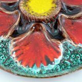 2 red/orange, yellow and green glazed ceramic oyster plates - Vallauris France - vintage