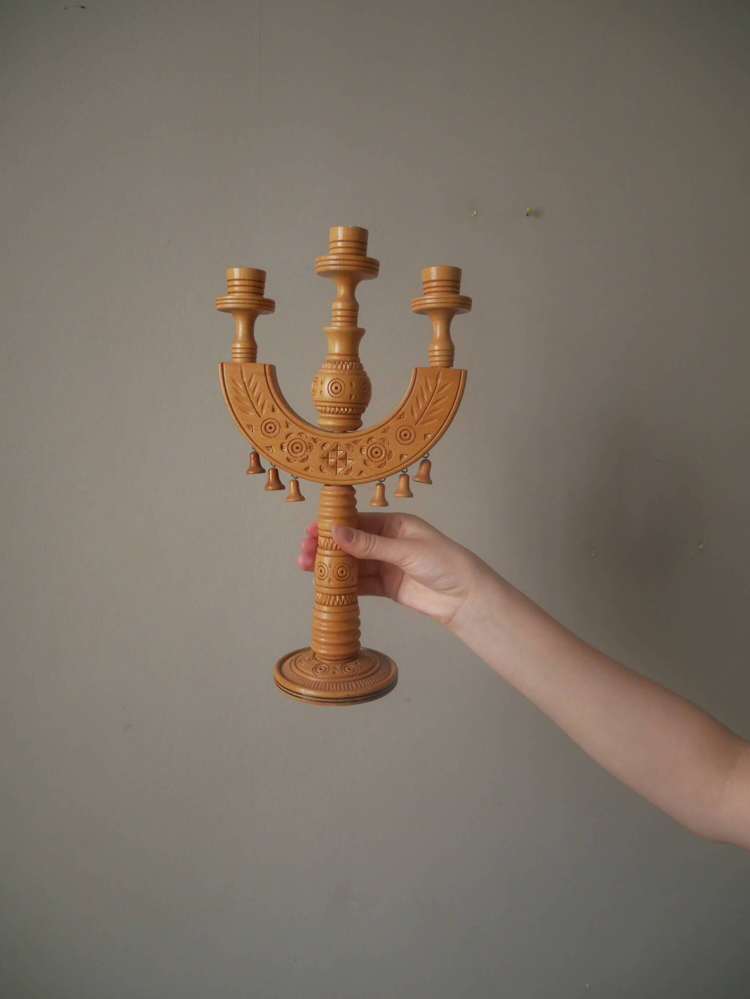 Candlestick candle holder candelabra old carved wood handcrafted Scandinavian folk decoration