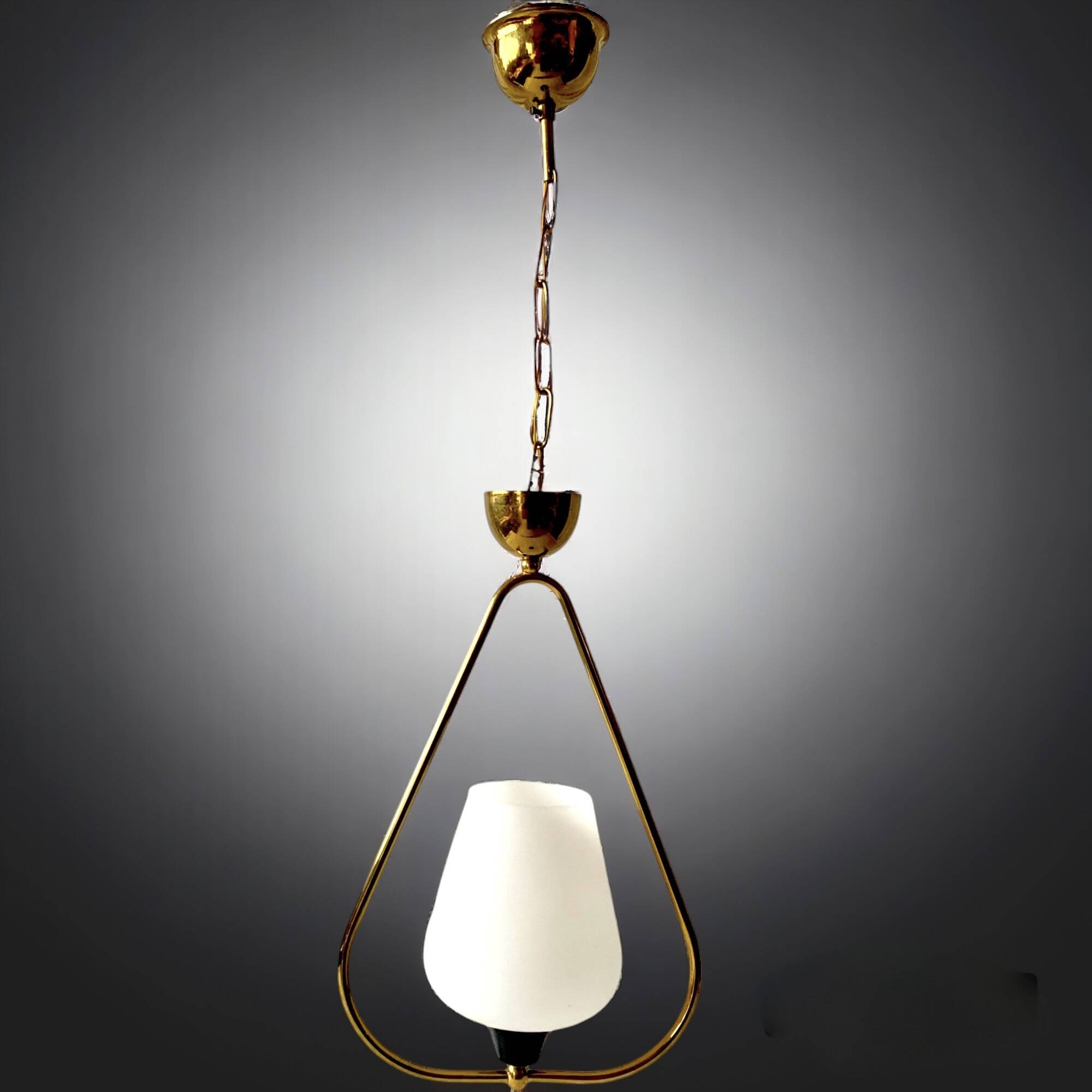 Modernist pendant light in white sandblasted glass and brass