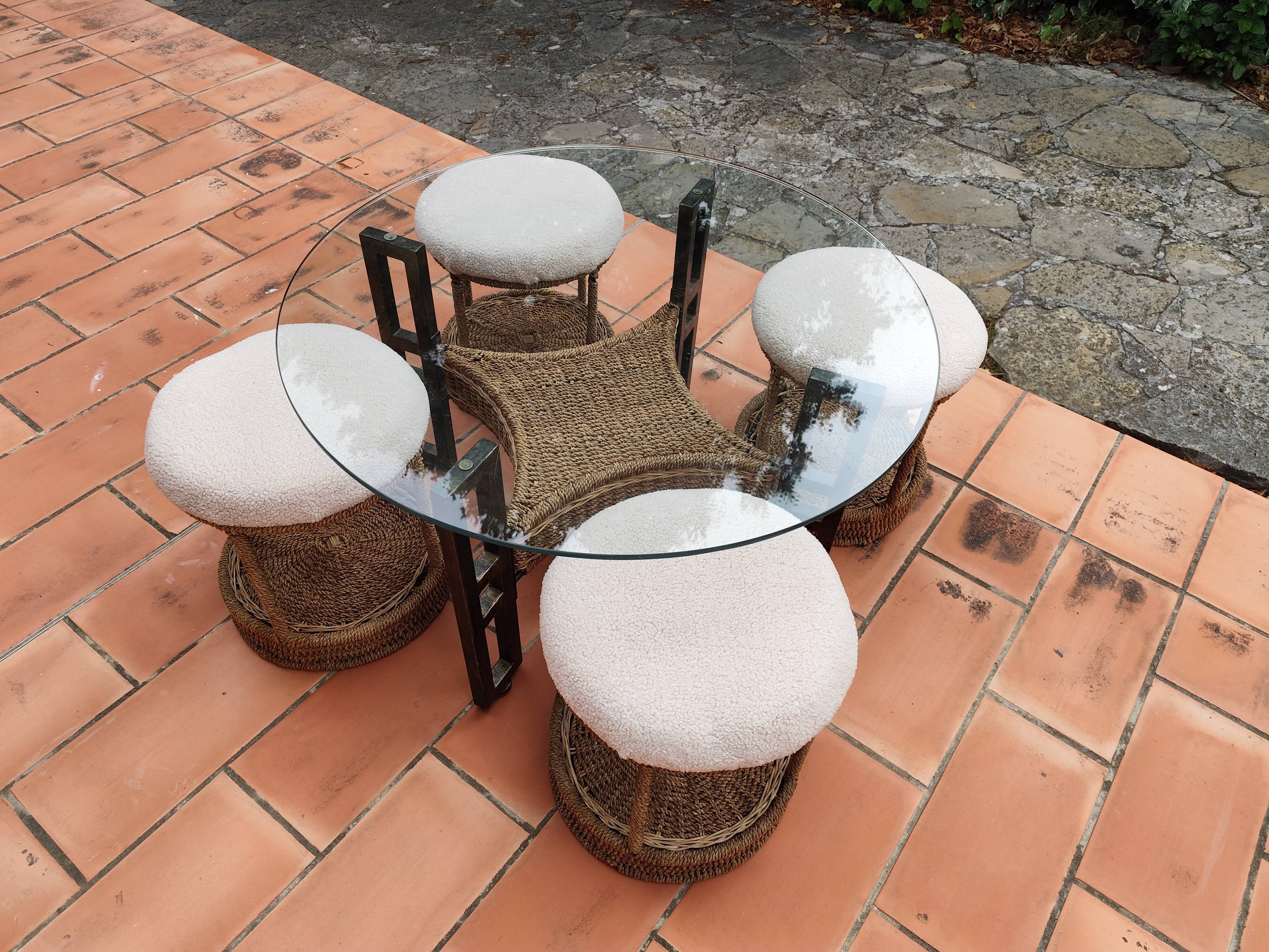 Vintage 1970s rope & rattan coffee table and 4 stools