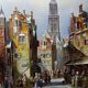 Large urban scene oil on wood framed painting John Haanstra vintage