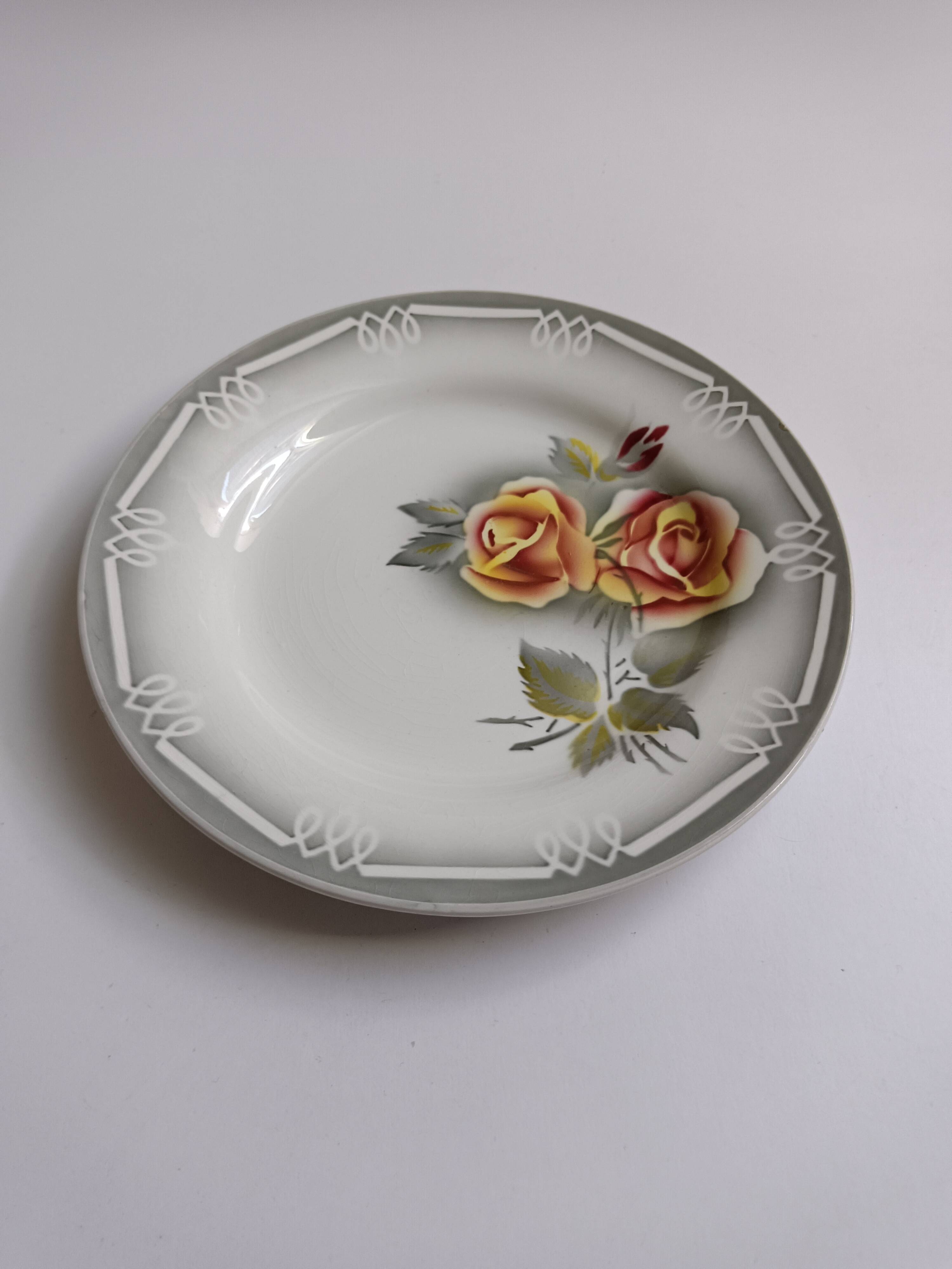 3 assiettes Digoin Sarreguemines Adèle gris jaune et bordeaux