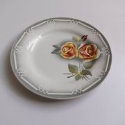 3 Digoin Sarreguemines Adèle plates in grey, yellow, and burgundy.