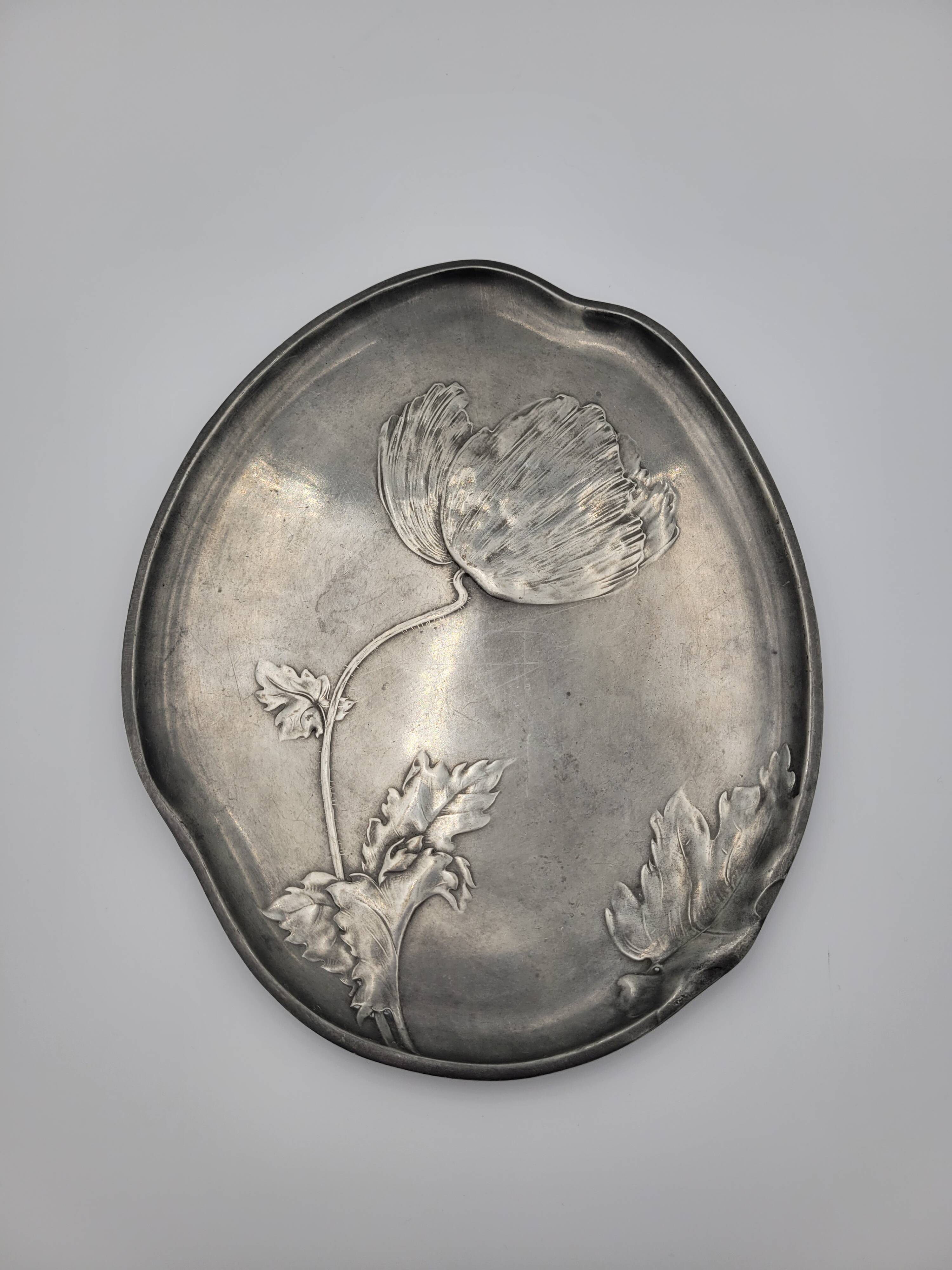 Pewter poppy plate. Art Nouveau