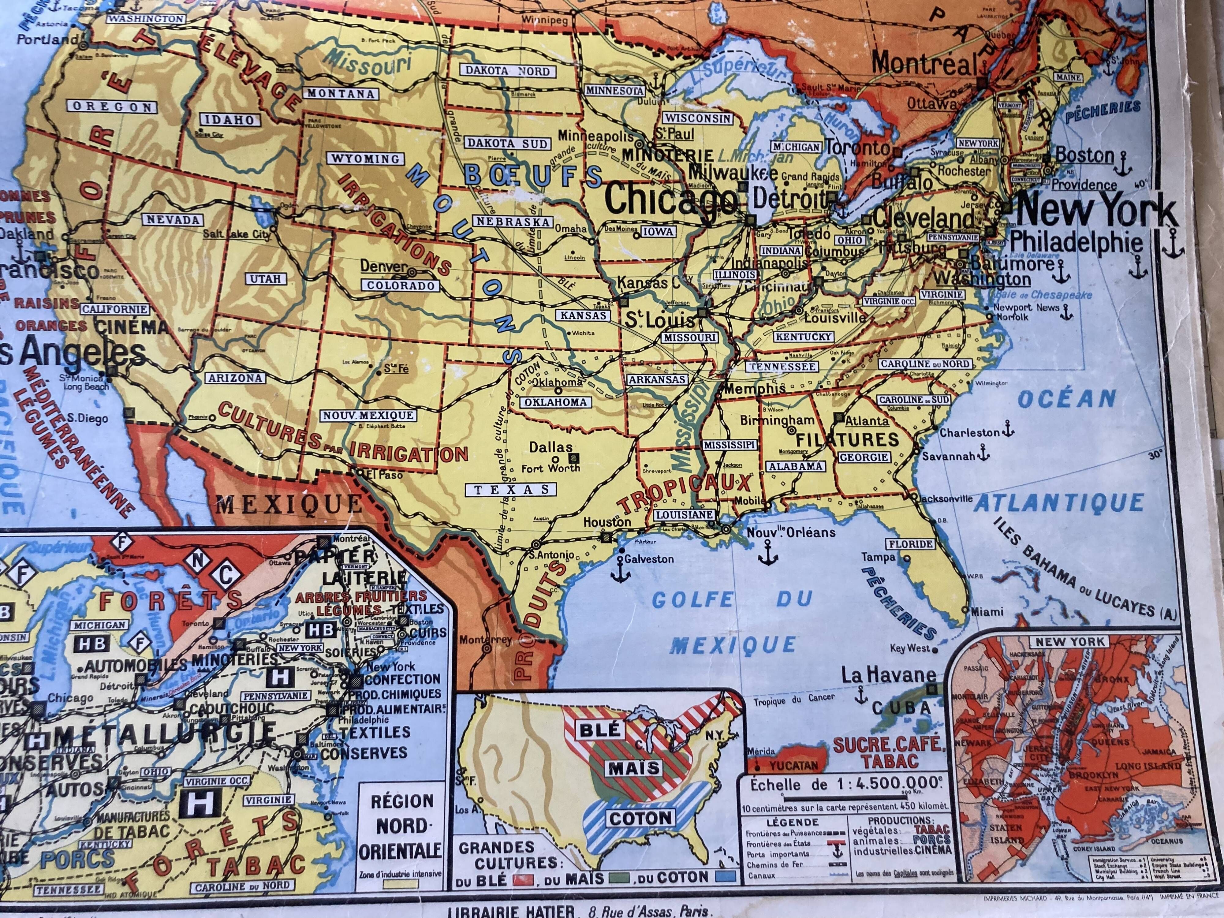 Old school map United States physical and political