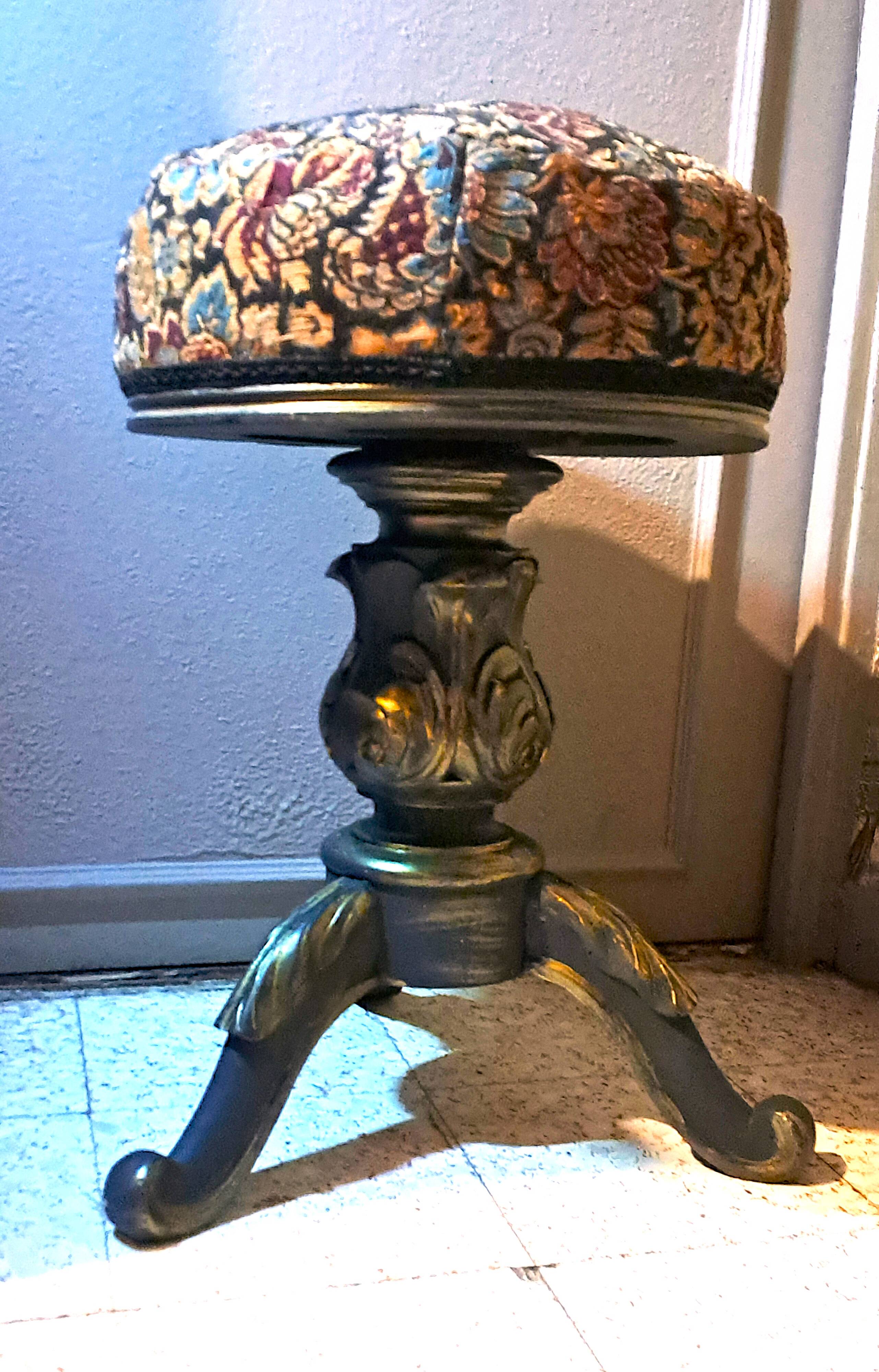 Victorian Piano Stool, Patinated Wood, Upholstered Fabric, 19th Century, France