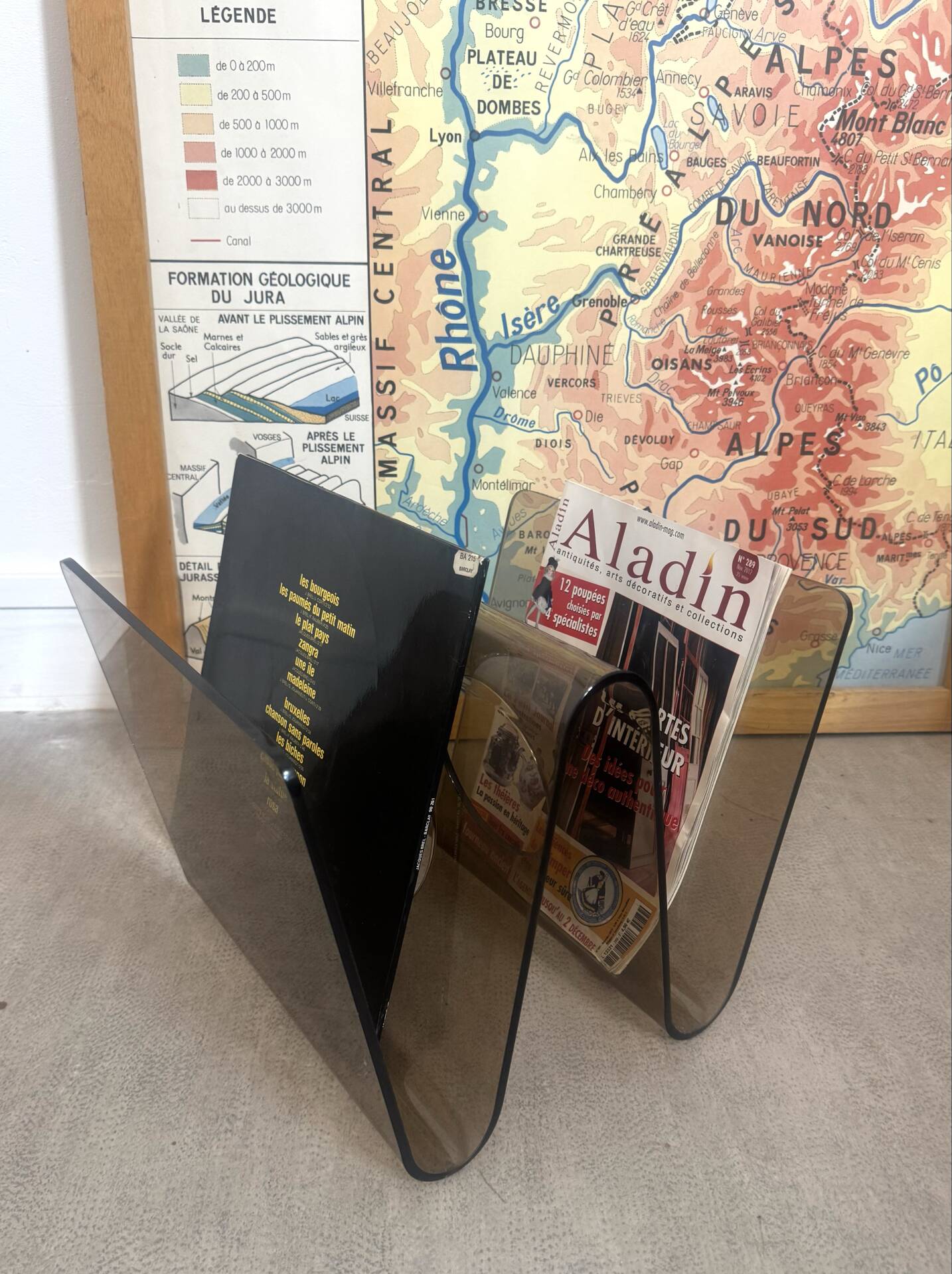 Smoked Plexiglas magazine rack by Michel Dumas