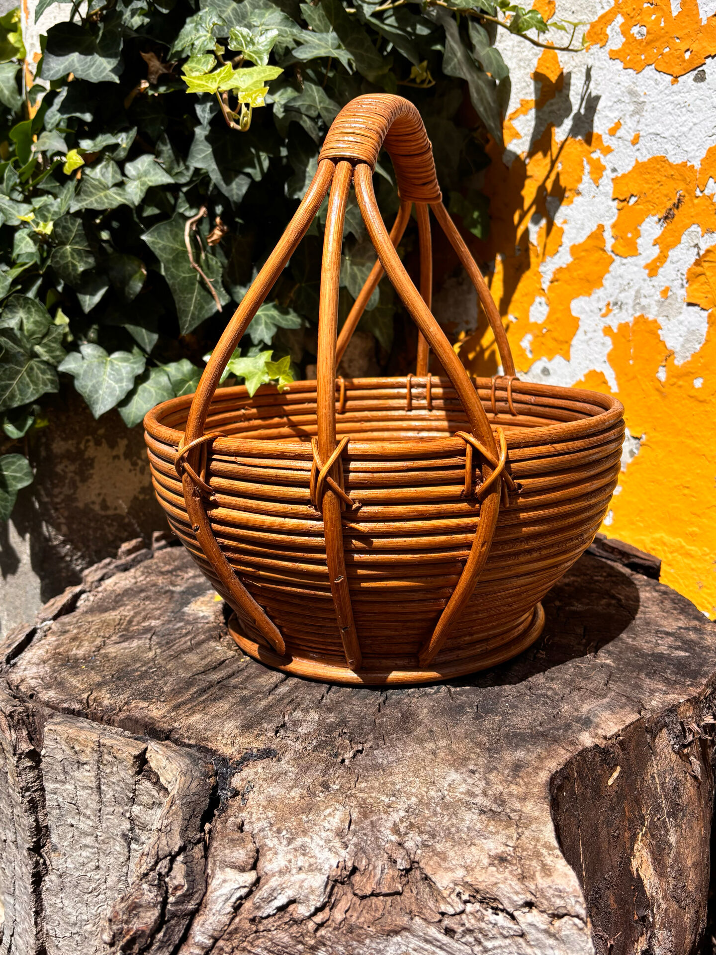 Rare wrapped rattan basket, in the style of Gabriella Crespi / Vivai del Sud.