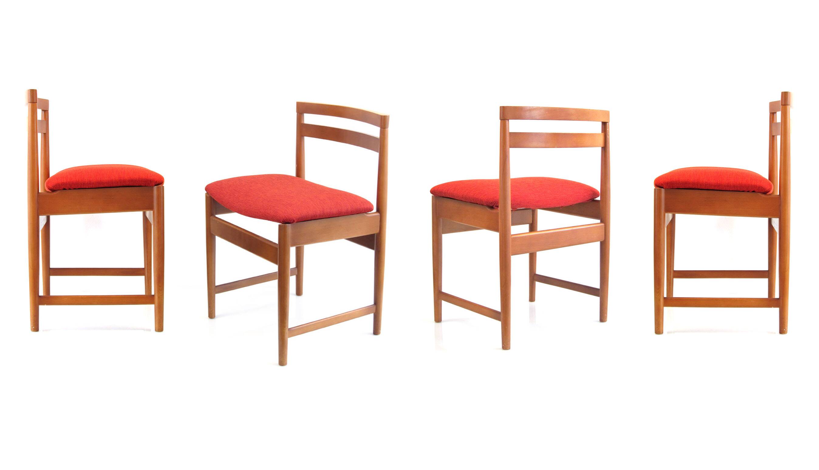 4 Danish Vintage Mid-Century Dining Chairs red upholstery