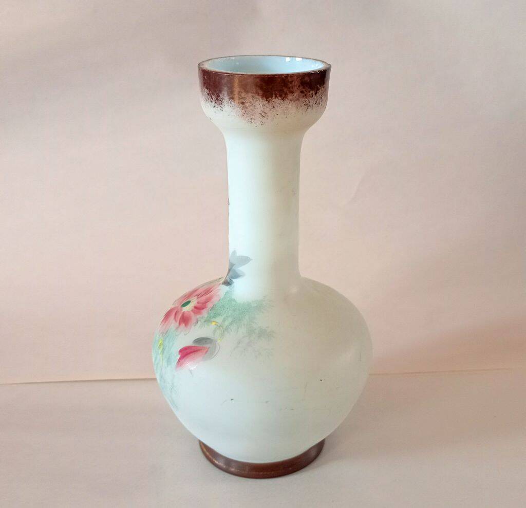 Late 19th Century French Opaline Glass Vase - Hand-Painted Floral Soliflore