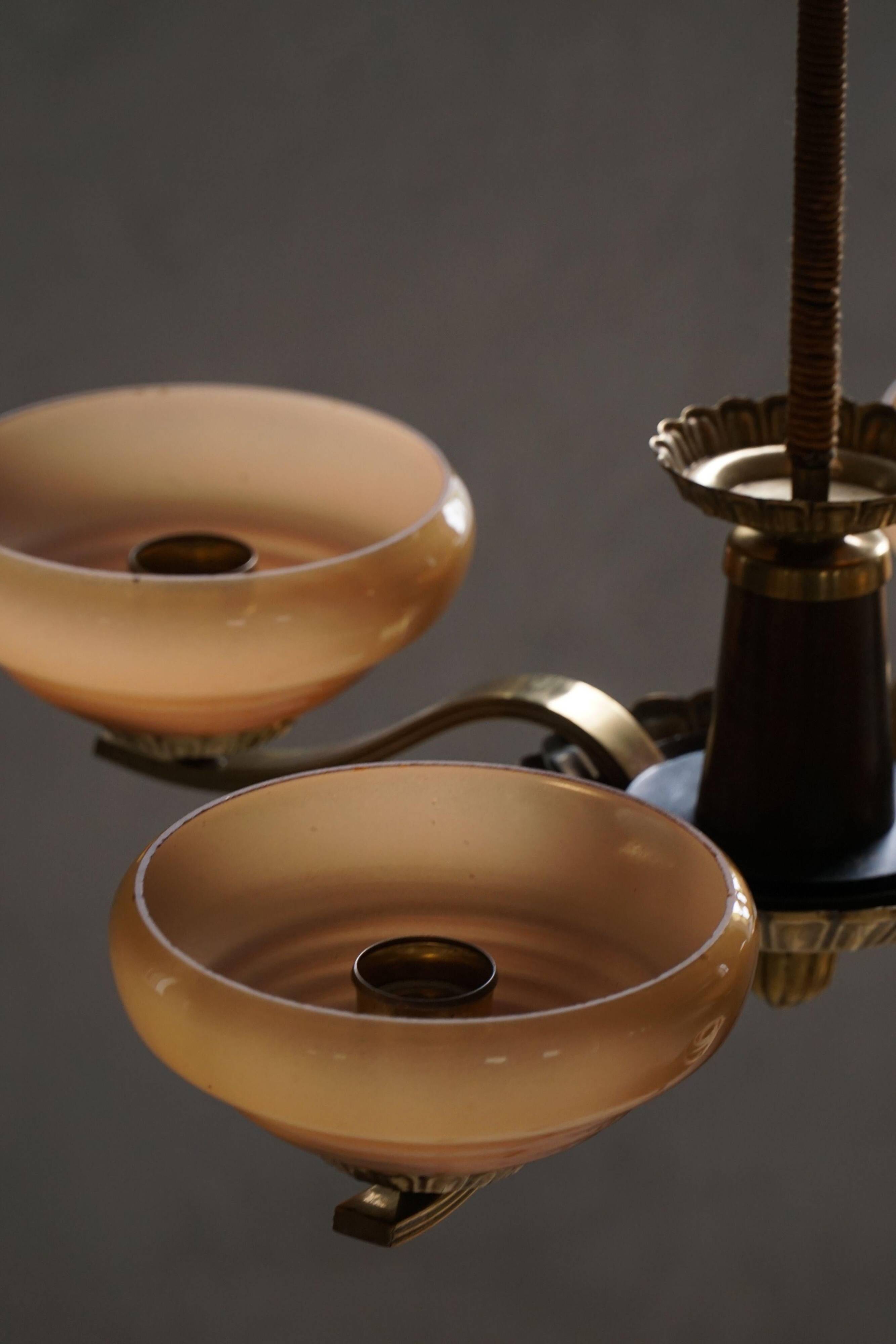 Art Deco chandelier with 4 arms in glass and brass, Sweden, 1940s