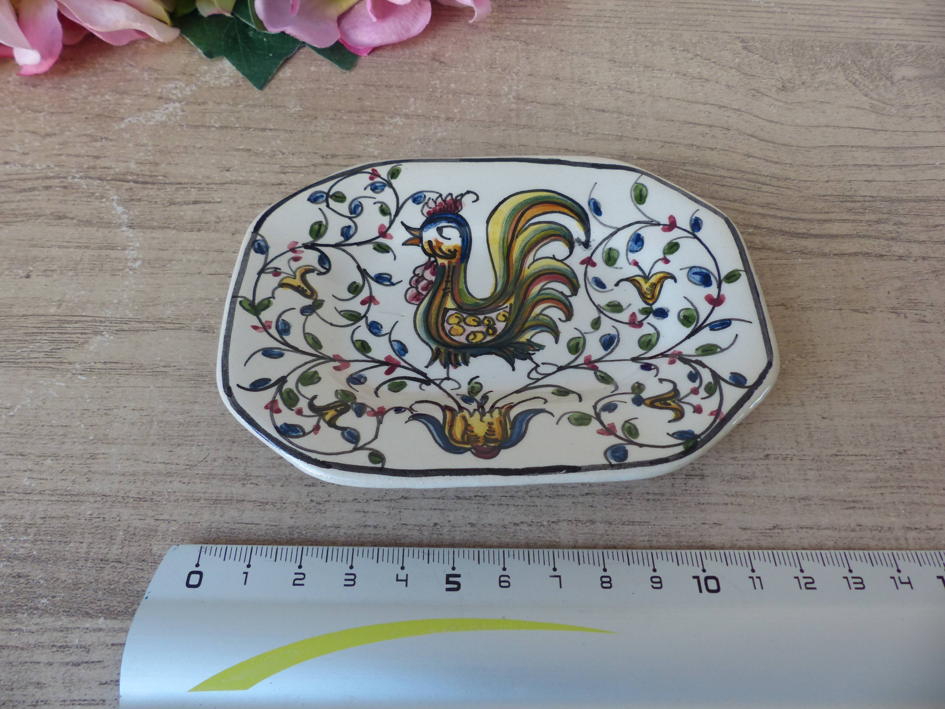 Antique small ceramic pocket emptier with Almeida rooster motif, signed and hand-painted