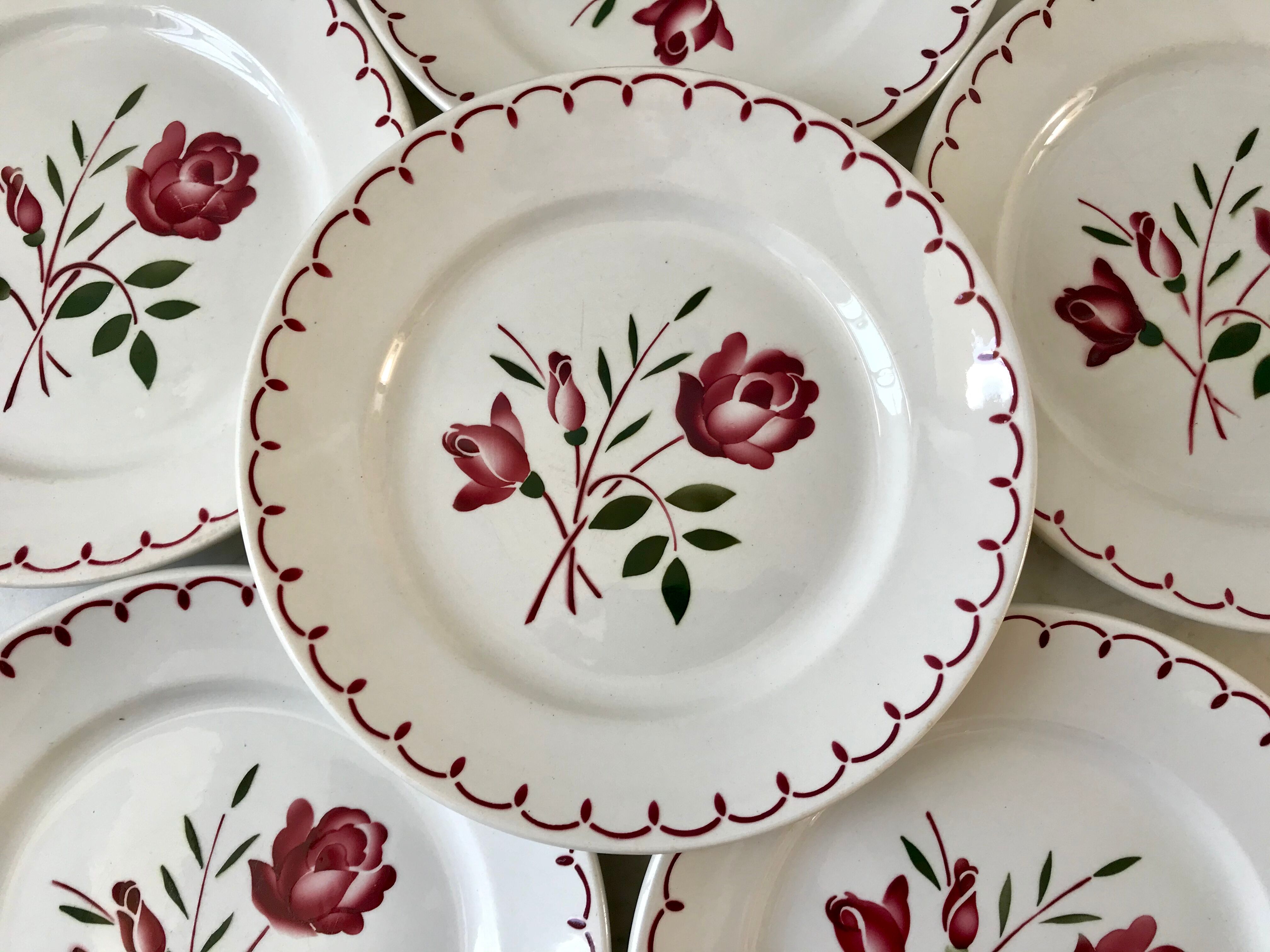 Set of 6 flat flower plates Badonviller 30s