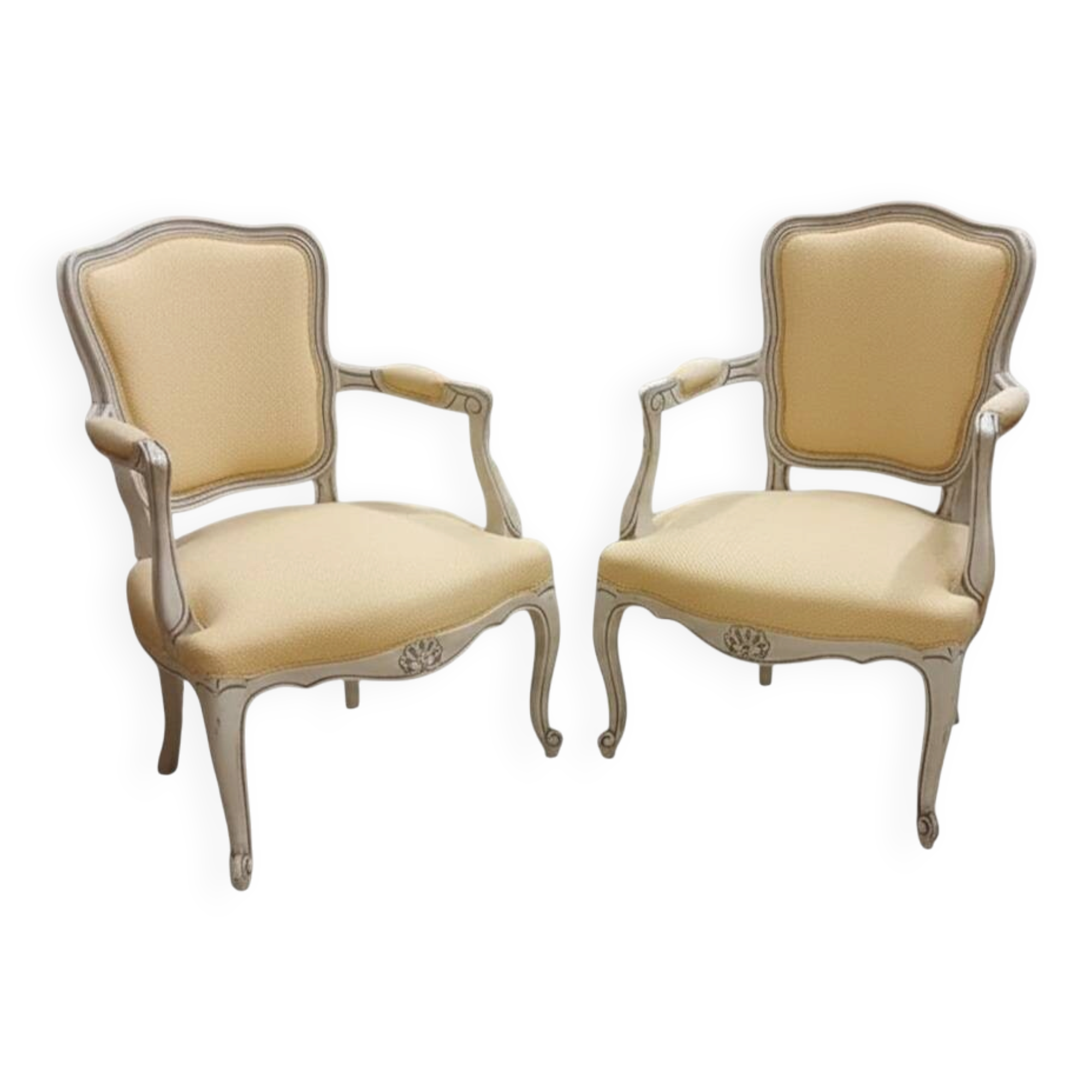 Pair of Cabriolet Armchairs in Louis XV Style - Patinated Wood and Yellow Fabric