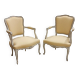 Pair of Cabriolet Armchairs in Louis XV Style - Patinated Wood and Yellow Fabric