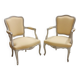 Pair of Cabriolet Armchairs in Louis XV Style - Patinated Wood and Yellow Fabric