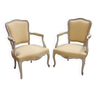 Pair of Cabriolet Armchairs in Louis XV Style - Patinated Wood and Yellow Fabric