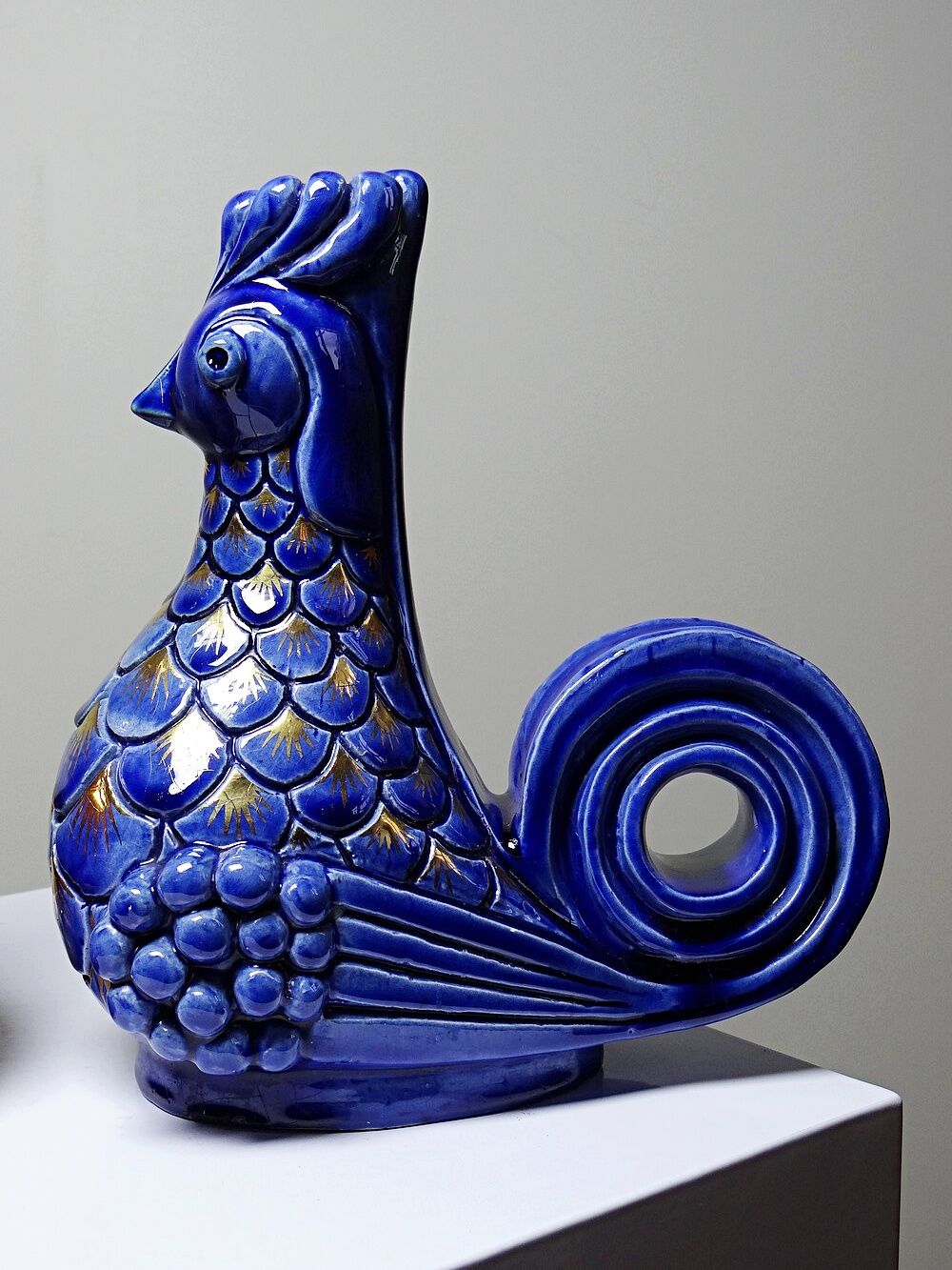 Pair of ceramic glazed candlesticks in the shape of roosters, signed A.G Roger, year 1948.