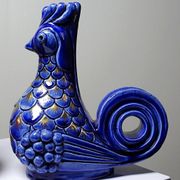 Pair of ceramic glazed candlesticks in the shape of roosters, signed A.G Roger, year 1948.