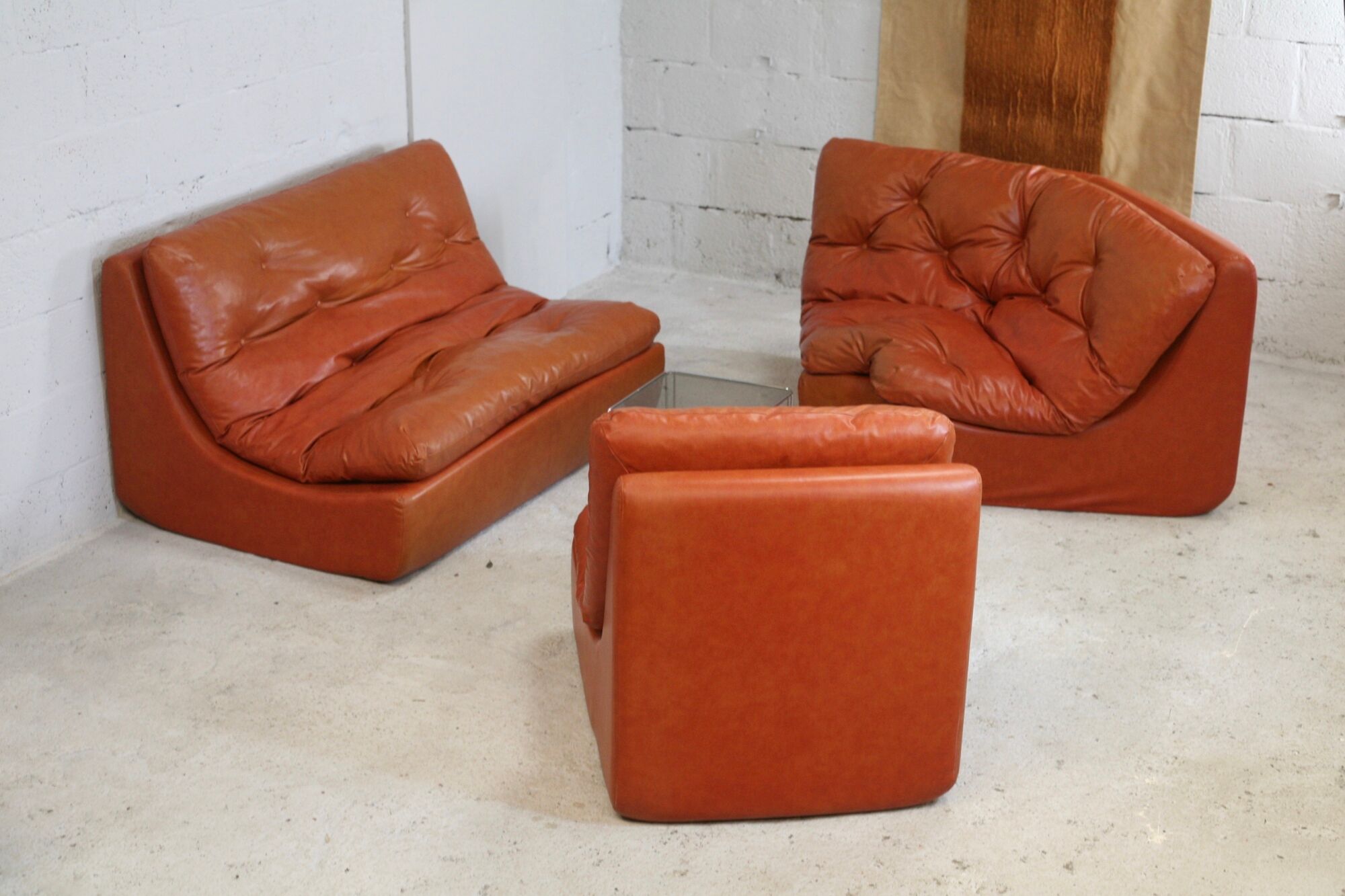 Flexible sofa, orange vinyl and foam, France, circa 1970