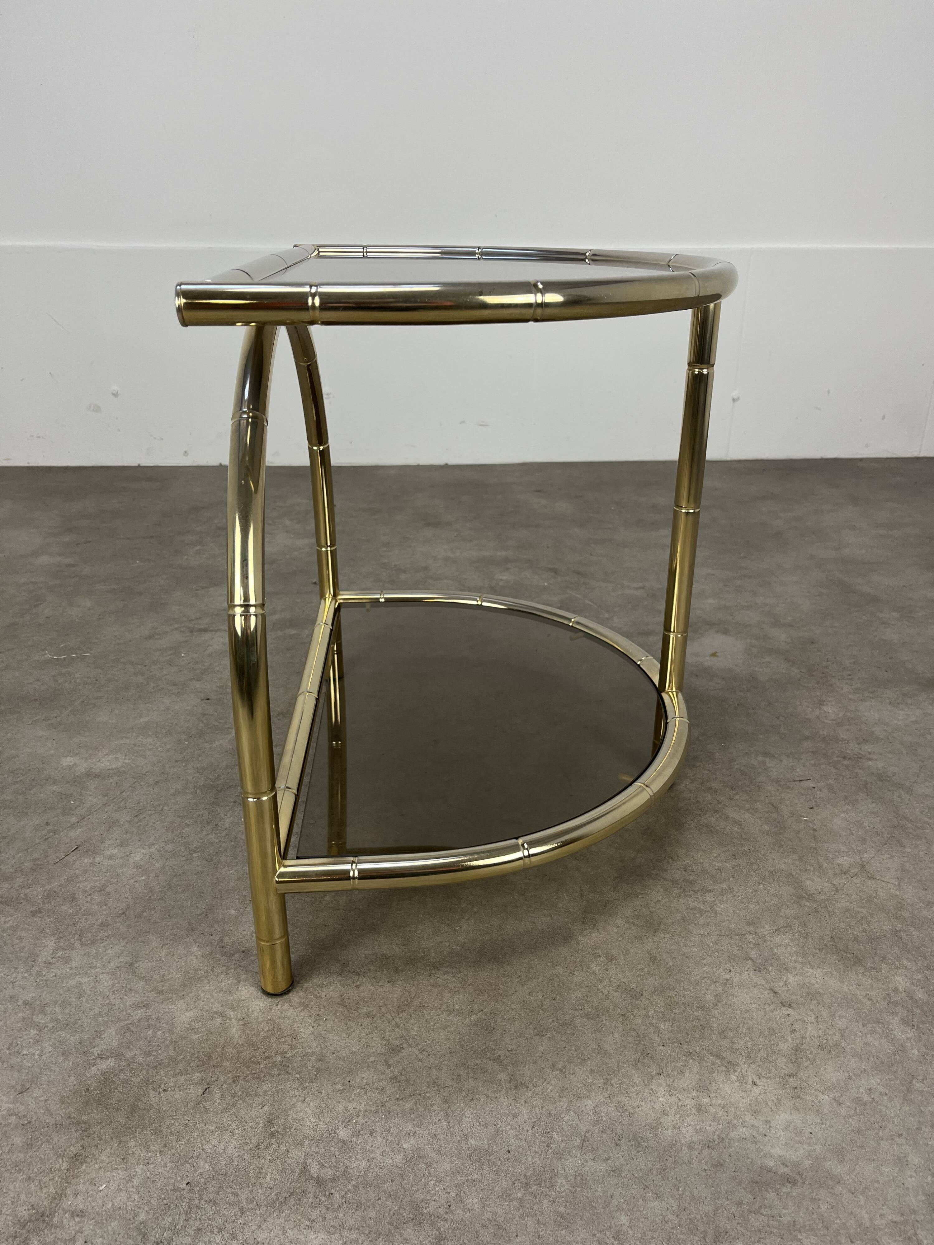 Hollywood Regency bamboo side table, gold and smoked glass, 70s