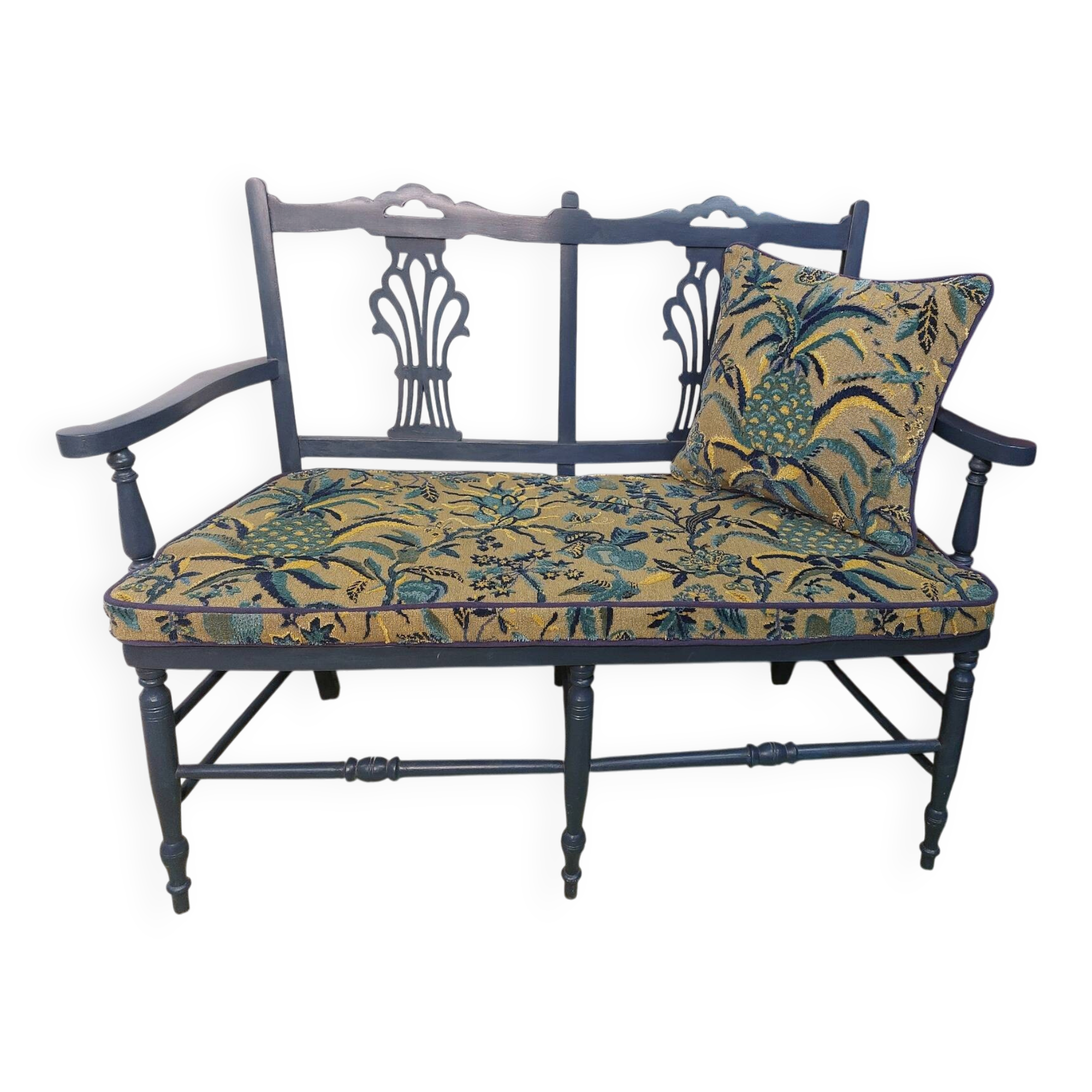 Pretty painted and upholstered bench in green and blue.