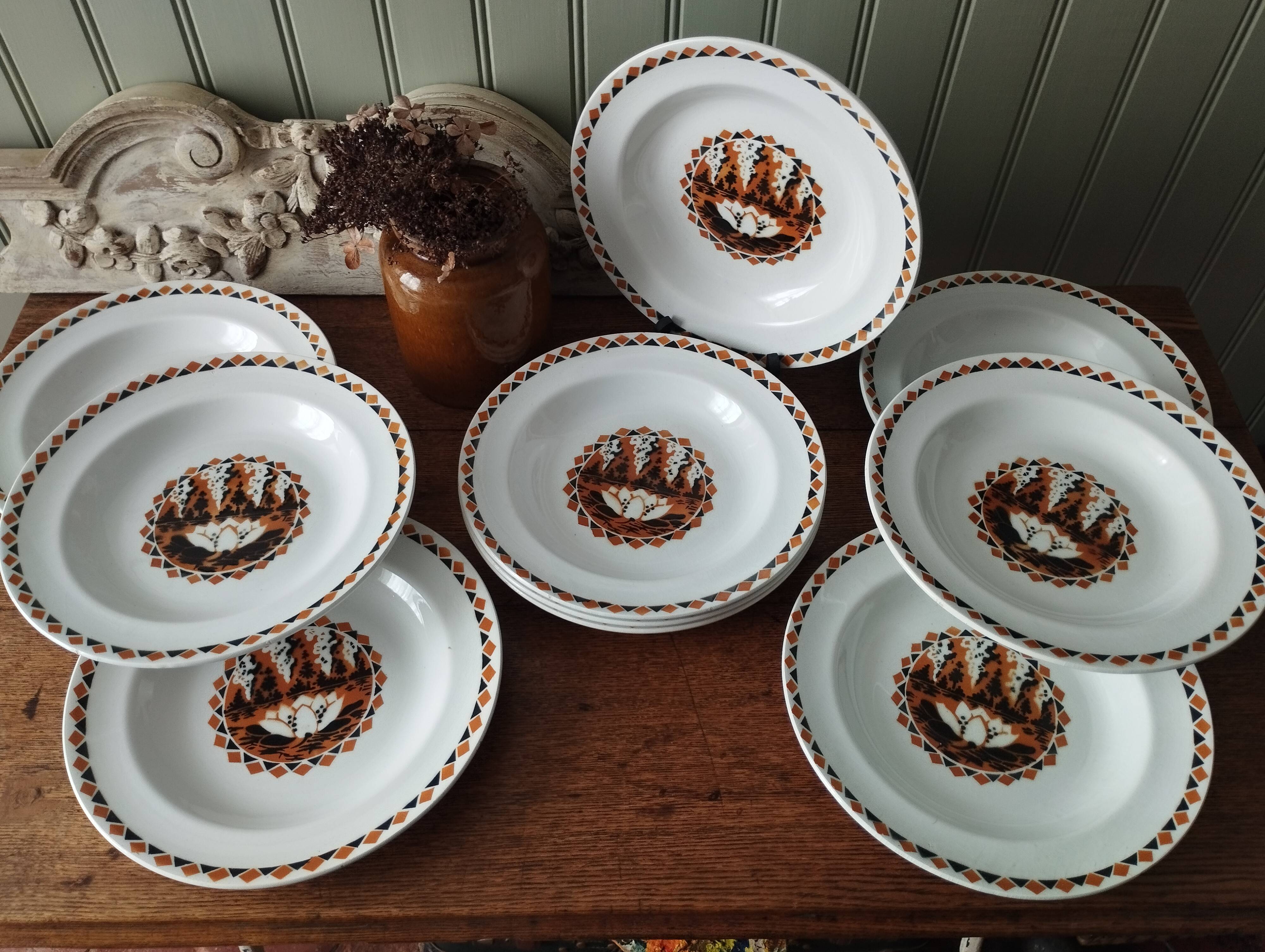 Set of 10 large ironstone plates Art Deco Saint-Amand Water Lily