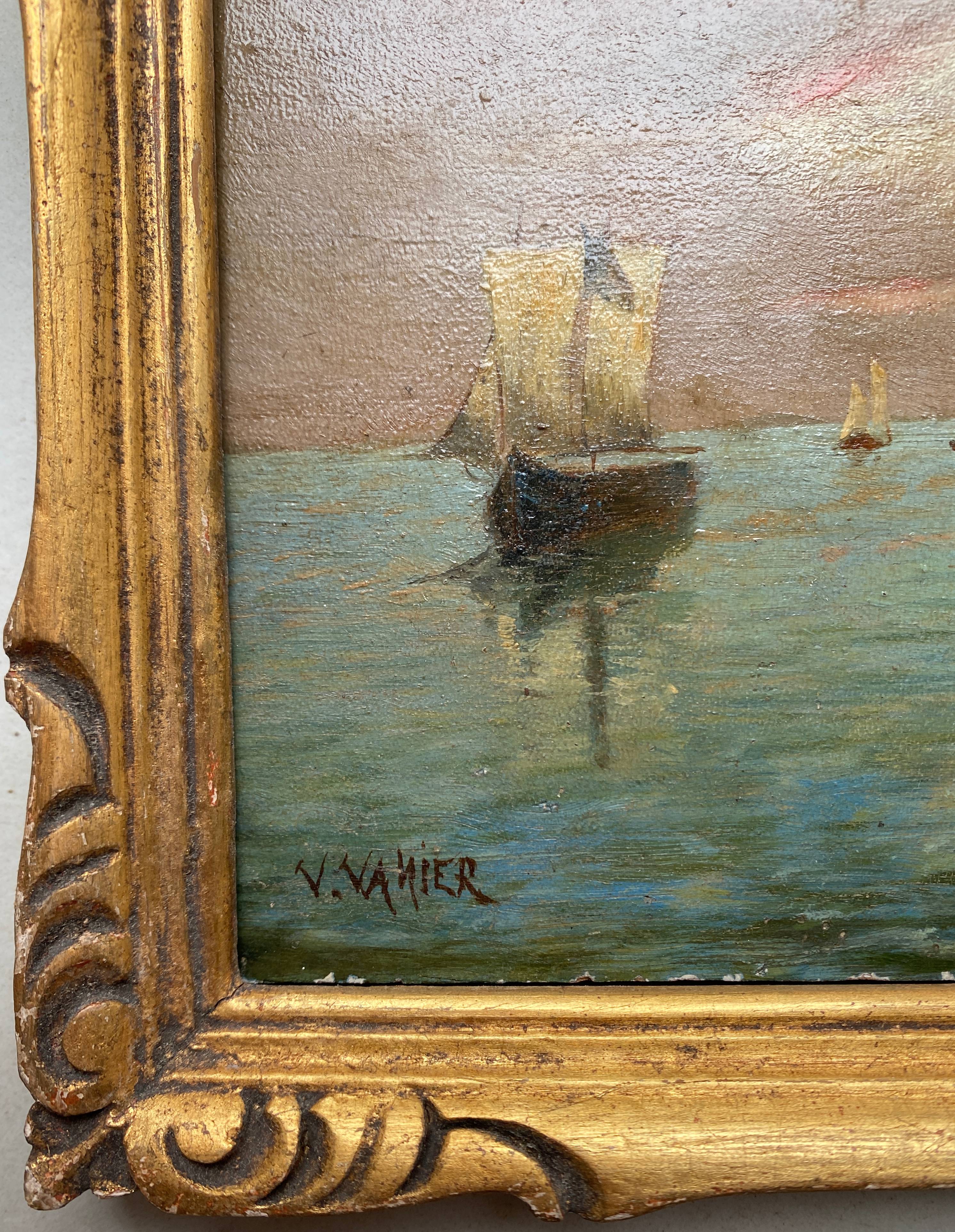 Painting "Twilight Navy" signed V. Vanier HSP mahogany XIX° + frame