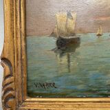 Painting "Twilight Navy" signed V. Vanier HSP mahogany XIX° + frame