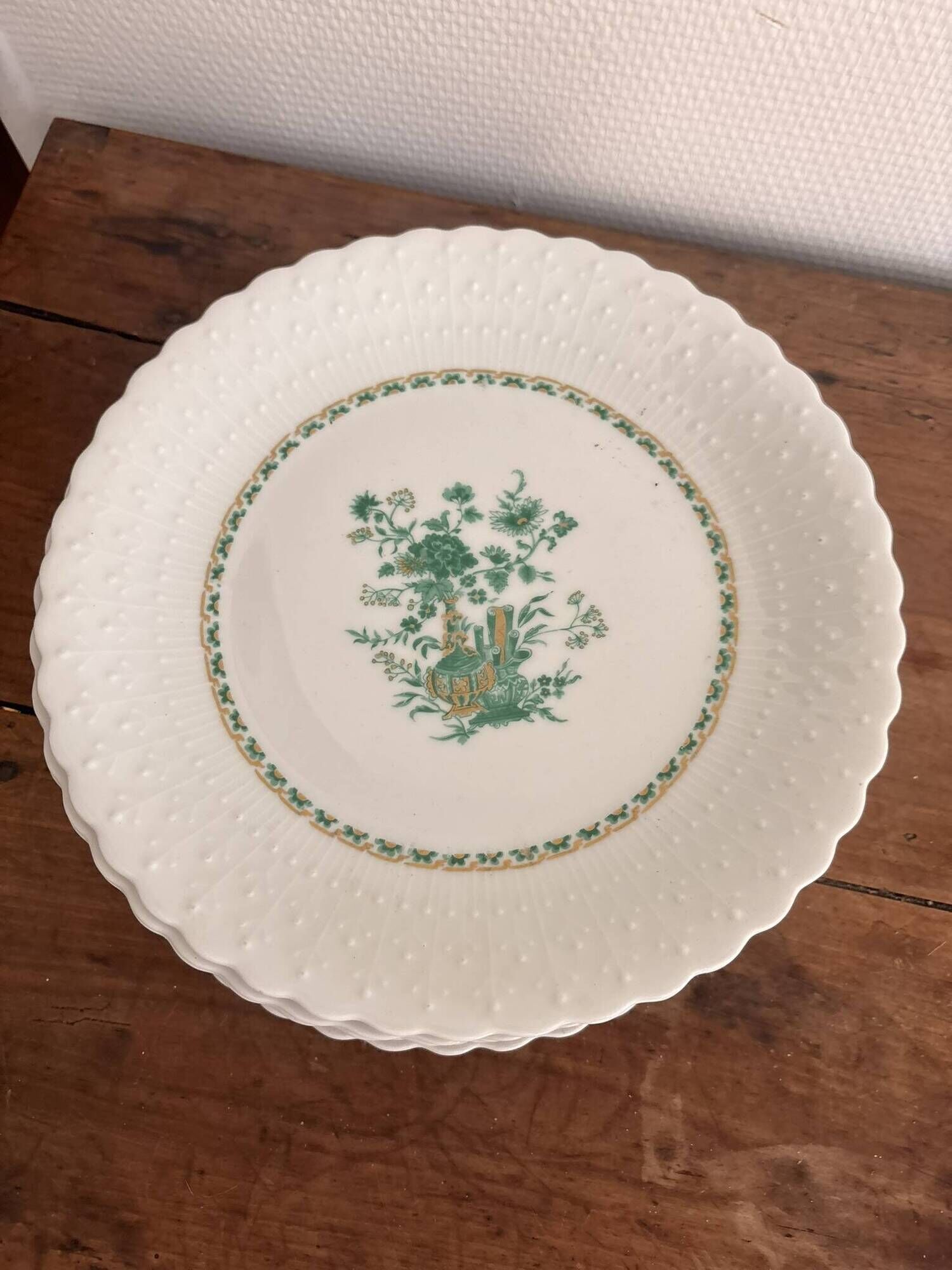 Flat Plates Porcelain Limoges Georges Boyer Nankin Green Pearl Edges