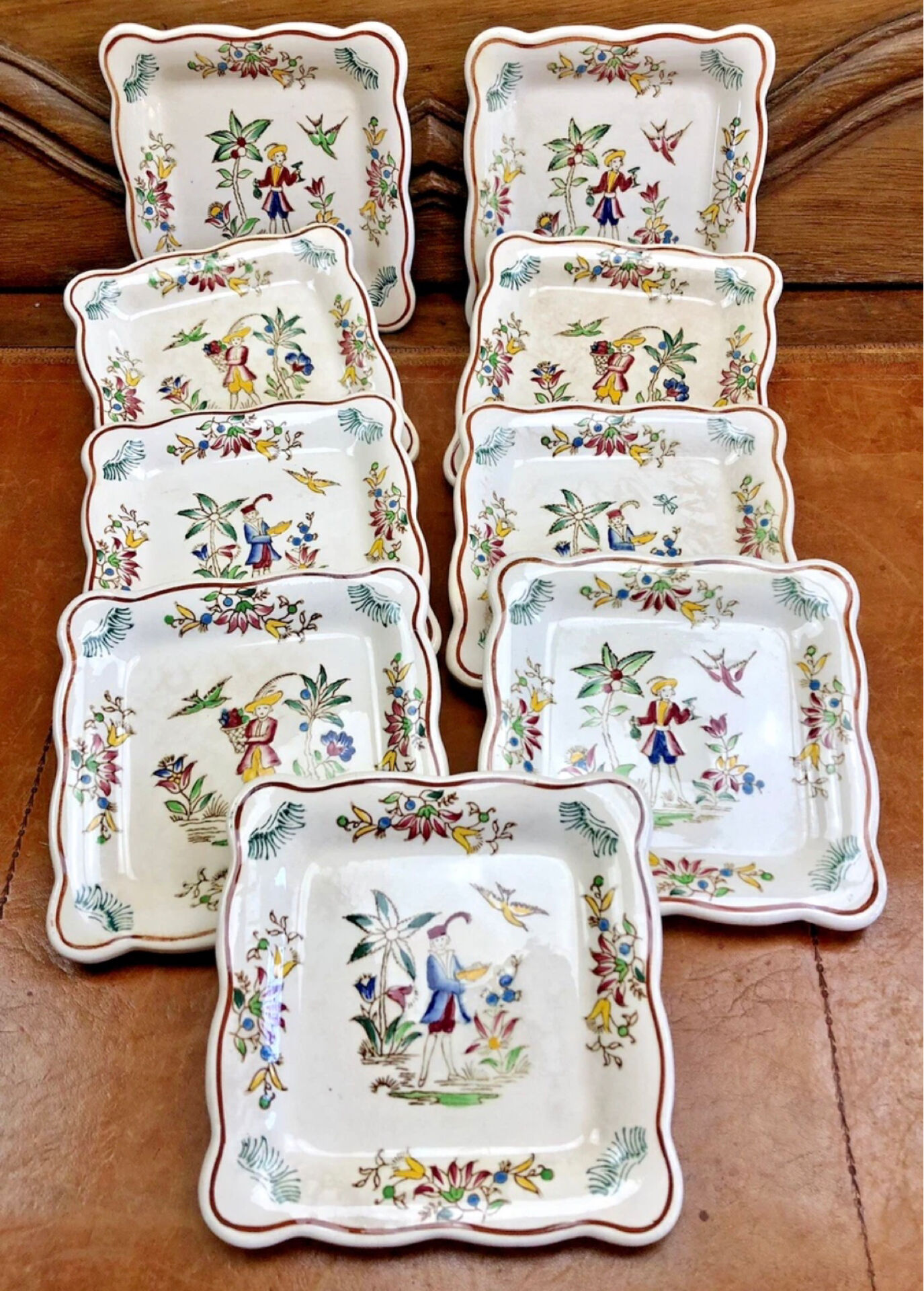 9 old square plates for cake, dessert, and aperitif from Longwy Moustier.