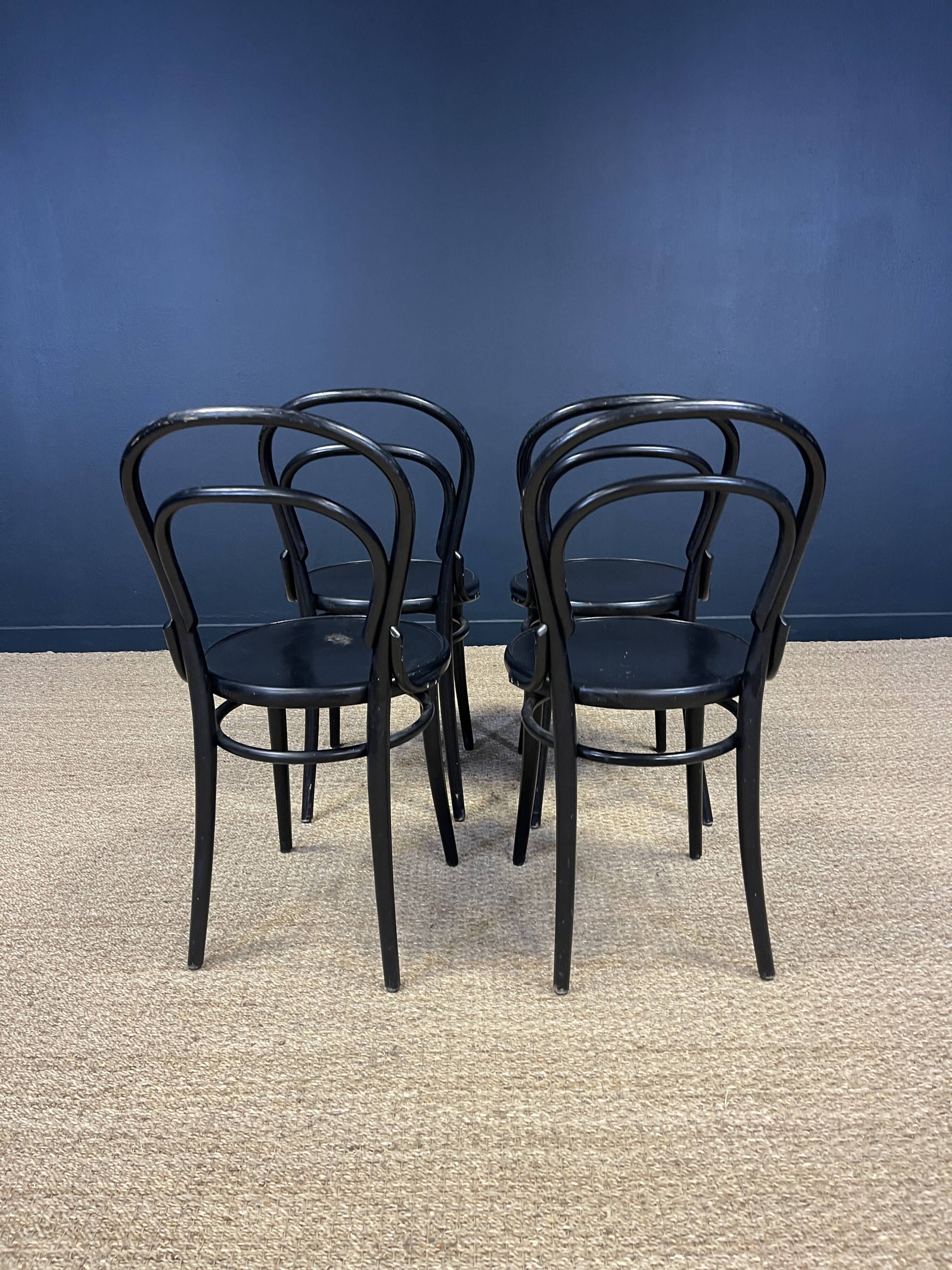 Set of 4 black curved wooden bistro chairs TON Czech Republic 80s
