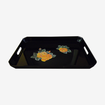Black lace-up serving tray with floral decoration - Japan