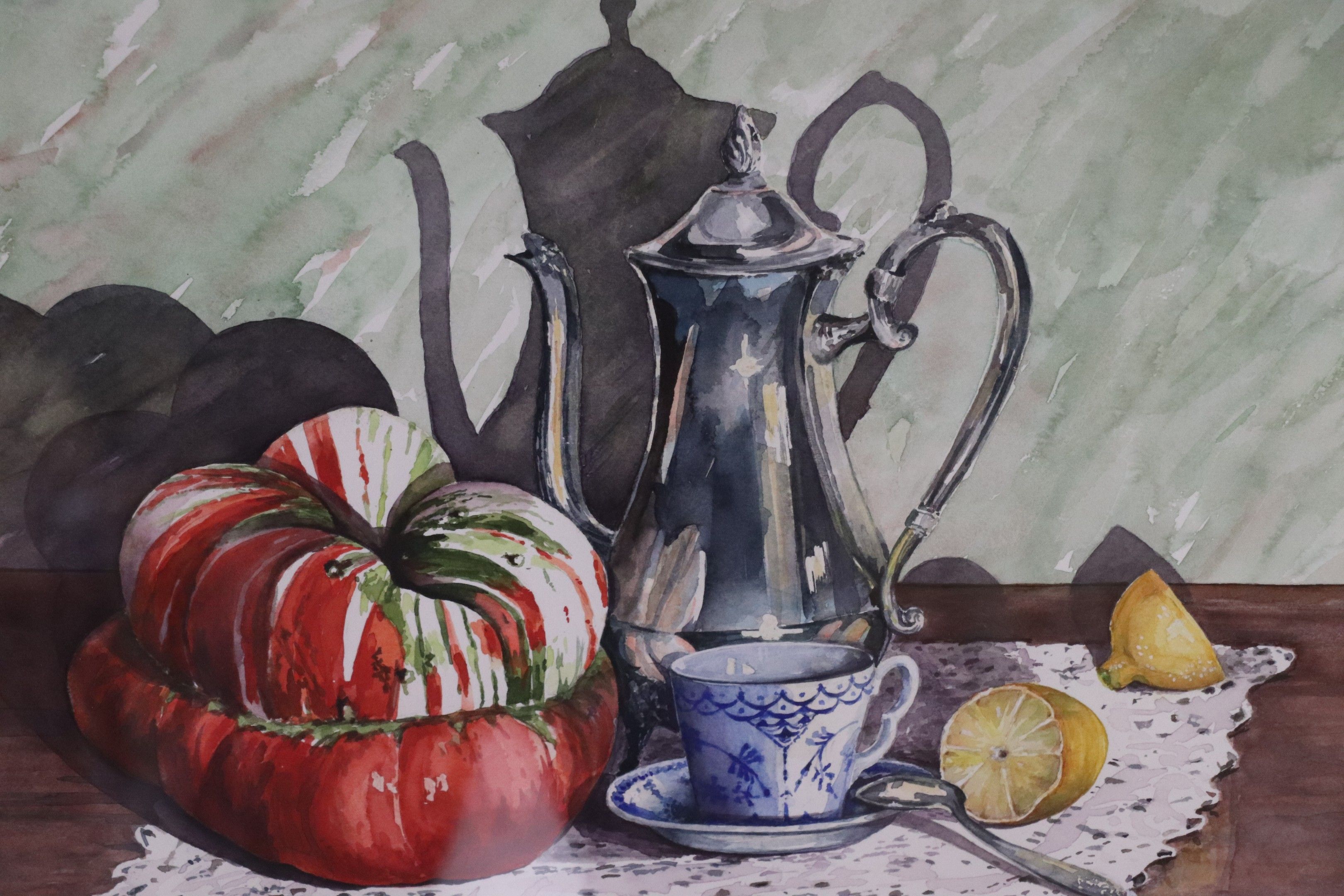 Still life at lunch, watercolor signed