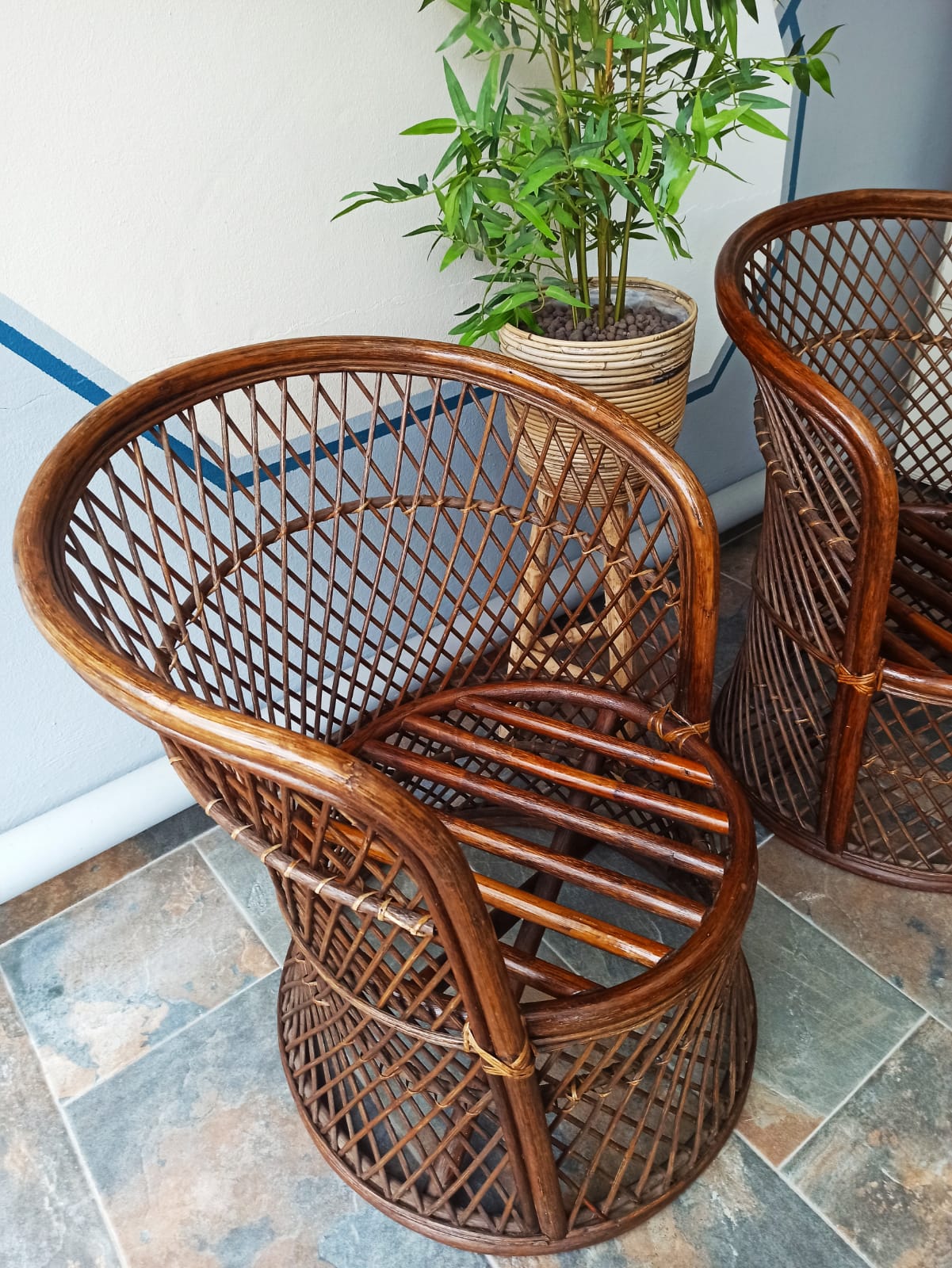 Pair of vintage bamboo rattan armchairs