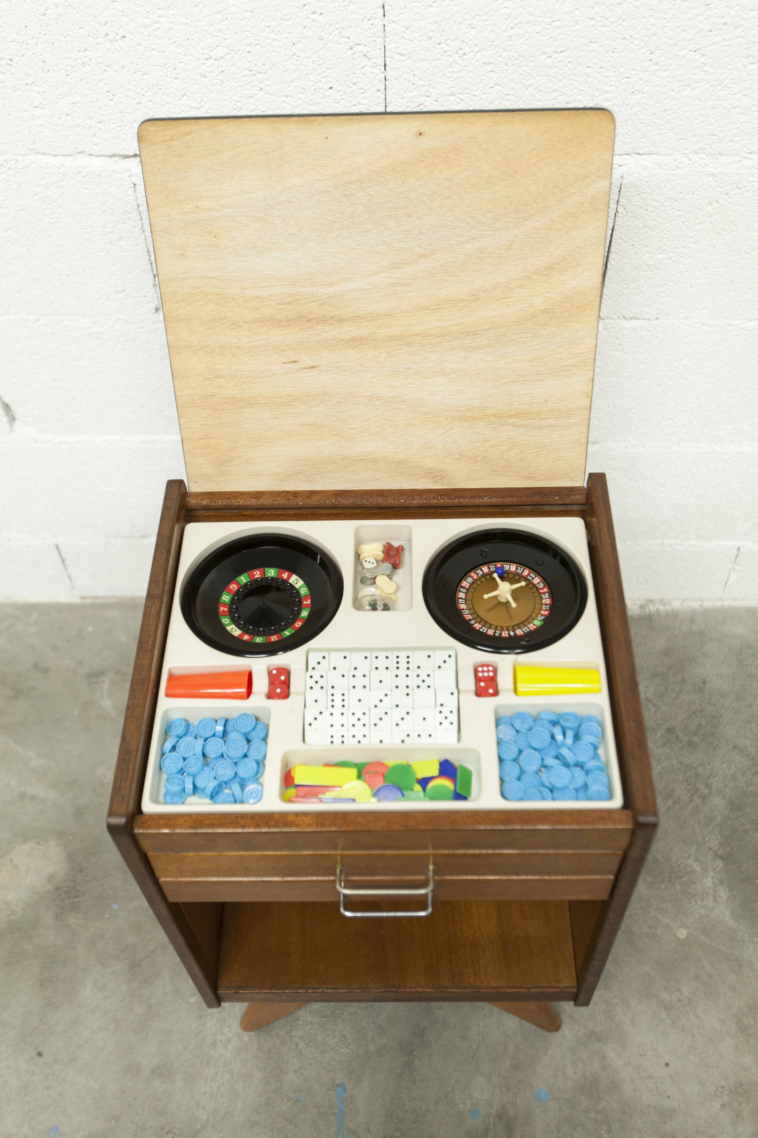 Unique 1960s bedside table with 15 complete games, compass legs, 1960s