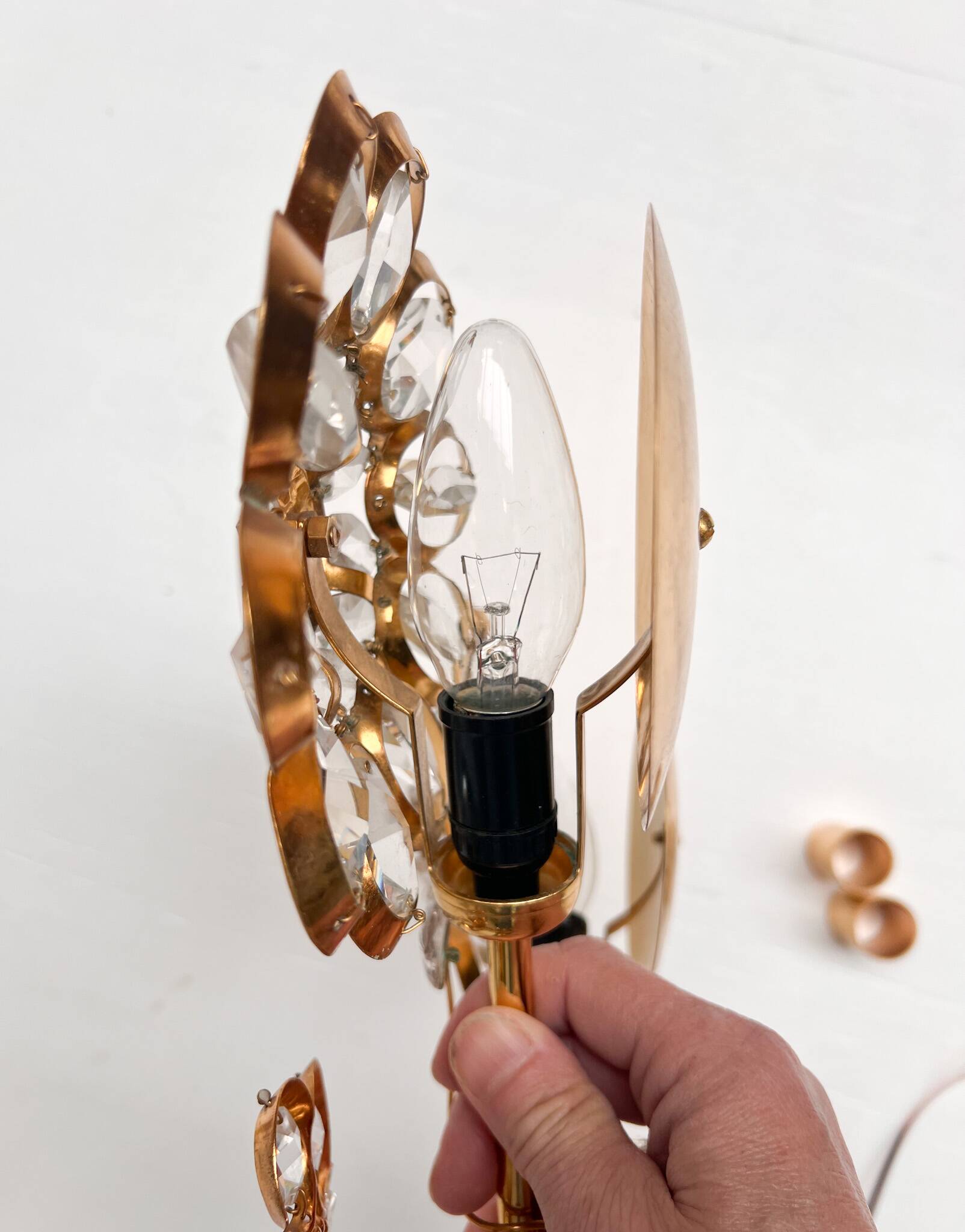 Brass and crystal art deco wall lamp attributed to palwa, 1960s